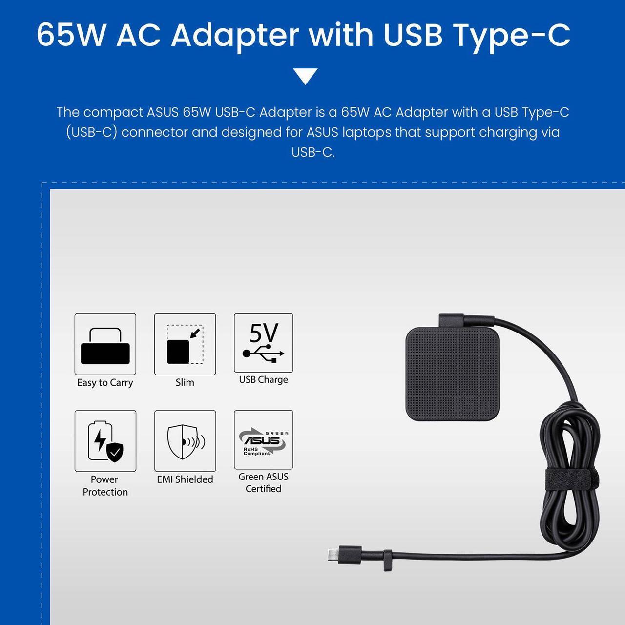 Alt view image 3 of 6 - ASUS 65W USB-C Power Adapter, Compatible with ZenBook, VivoBook, ROG, TUF, Creator Series, Chromebook, and ExpertBook Laptops. AC Charger with Supply Cord for Reliable Charging