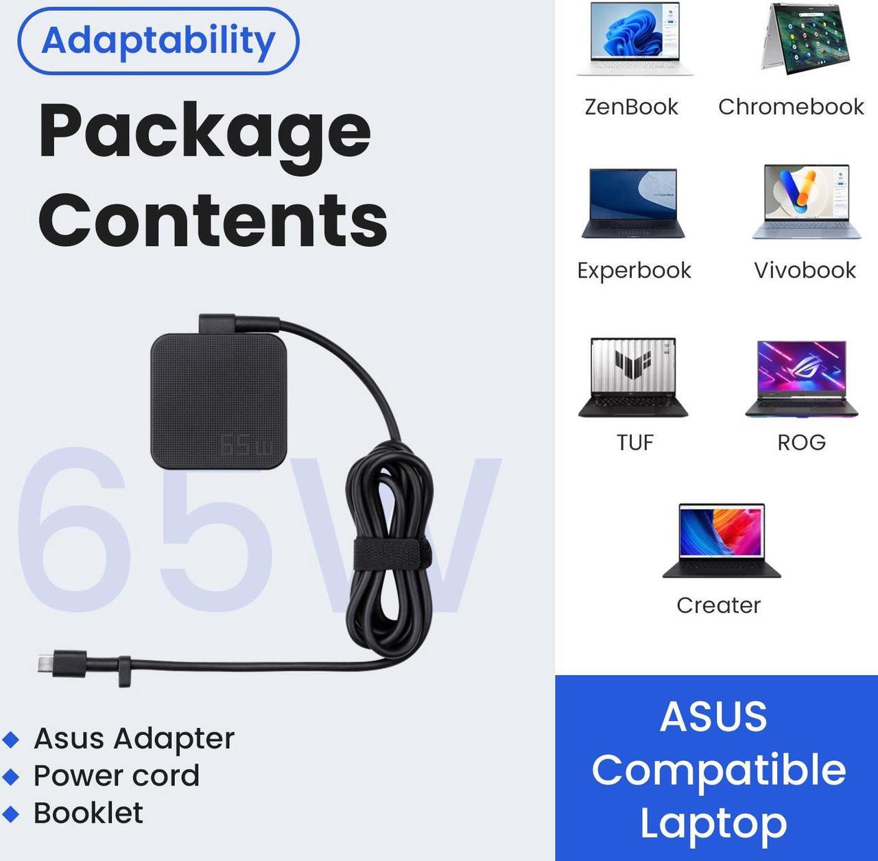Alt view image 6 of 6 - ASUS 65W USB-C Power Adapter, Compatible with ZenBook, VivoBook, ROG, TUF, Creator Series, Chromebook, and ExpertBook Laptops. AC Charger with Supply Cord for Reliable Charging