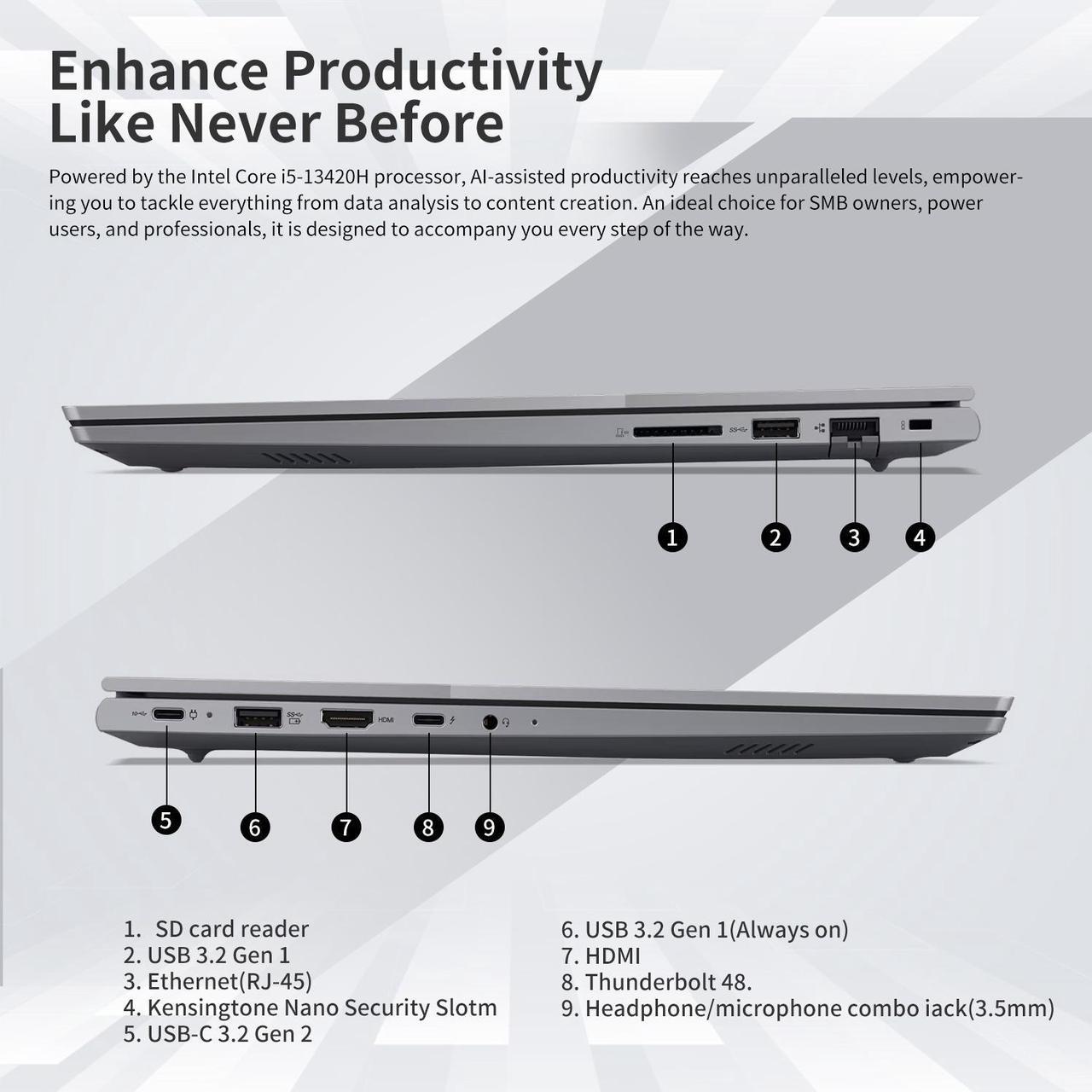 Alt view image 5 of 7 - Lenovo ThinkBook 16 Business Laptop, 16" FHD+ Display, Intel Core i5-13420H, 32GB DDR5 RAM, 1TB SSD, HDMI, SD Card Reader, HD 720p with Privacy Shutter, Wi-Fi 6, Windows 11 Pro, Grey