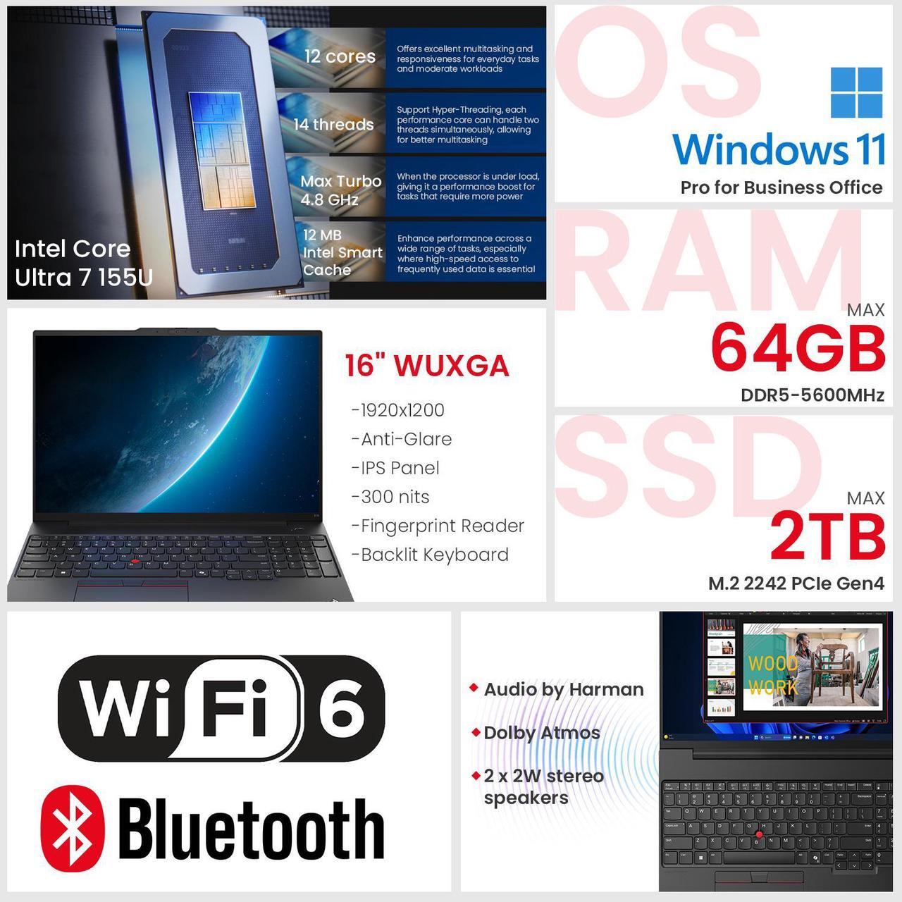 Alt view image 2 of 6 - Lenovo ThinkPad E16 Business AI Laptop, 16" FHD+, Intel Core Ultra 7 155U, 32GB DDR5 RAM, 1TB SSD, Fingerprint, Backlit, HDMI, Wi-Fi 6, Windows 11 Pro, Black