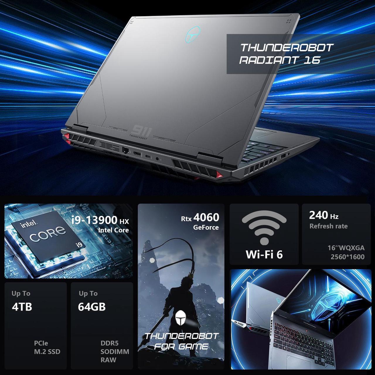 Alt view image 2 of 6 - Thunderobot Radiant 16 Gaming Laptop, 16" WQXGA 240Hz, Intel i9-13900HX, GeForce 4060, 16GB RAM, 512GB SSD, Windows 11 Home, Gray