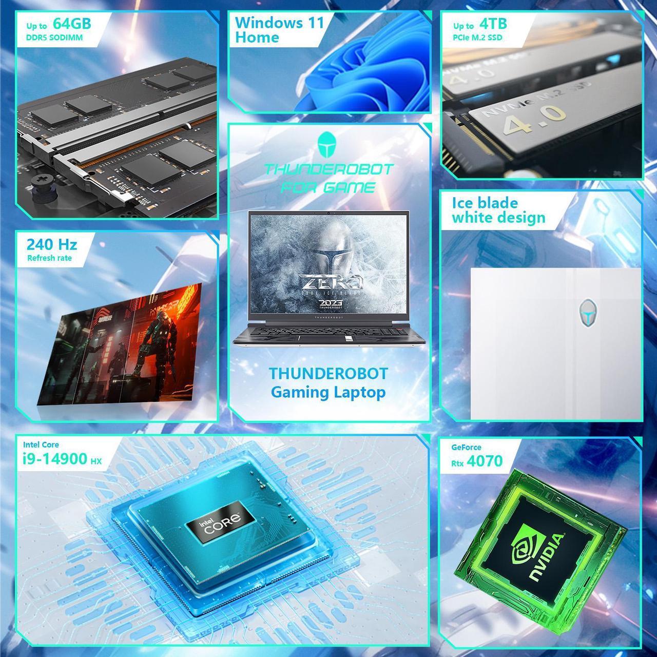 Alt view image 2 of 6 - Thunderobot ZERO 16 Gaming Laptop, 16" WQXGA 240Hz, Intel i9-14900HX, GeForce 4070, 64GB RAM, 4TB SSD, Windows 11 Home, Gray