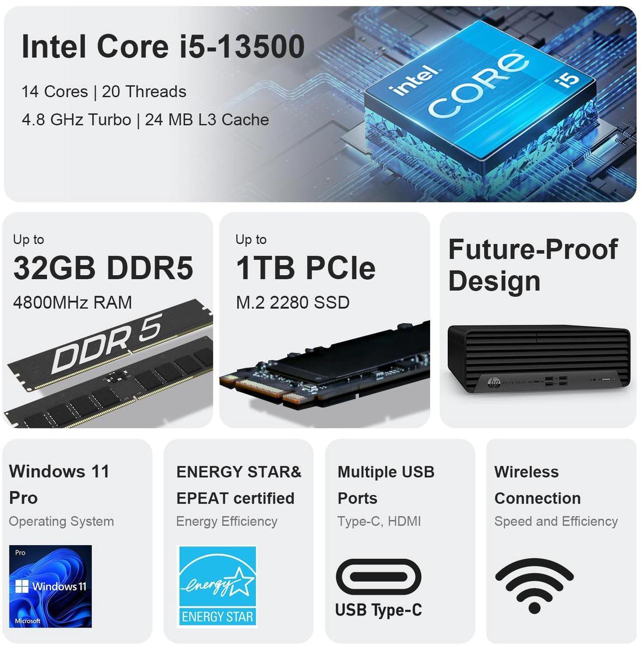 Alt view image 2 of 6 - HP Elite 600 Small Form Factor Business Desktop, 13th Gen Intel 14-Core i5-13500, 16GB DDR5 RAM, 1TB SSD, Type-C, HDMI, DP, Wi-Fi, Wired Keyboard and Mouse, Windows 11 Pro, Black