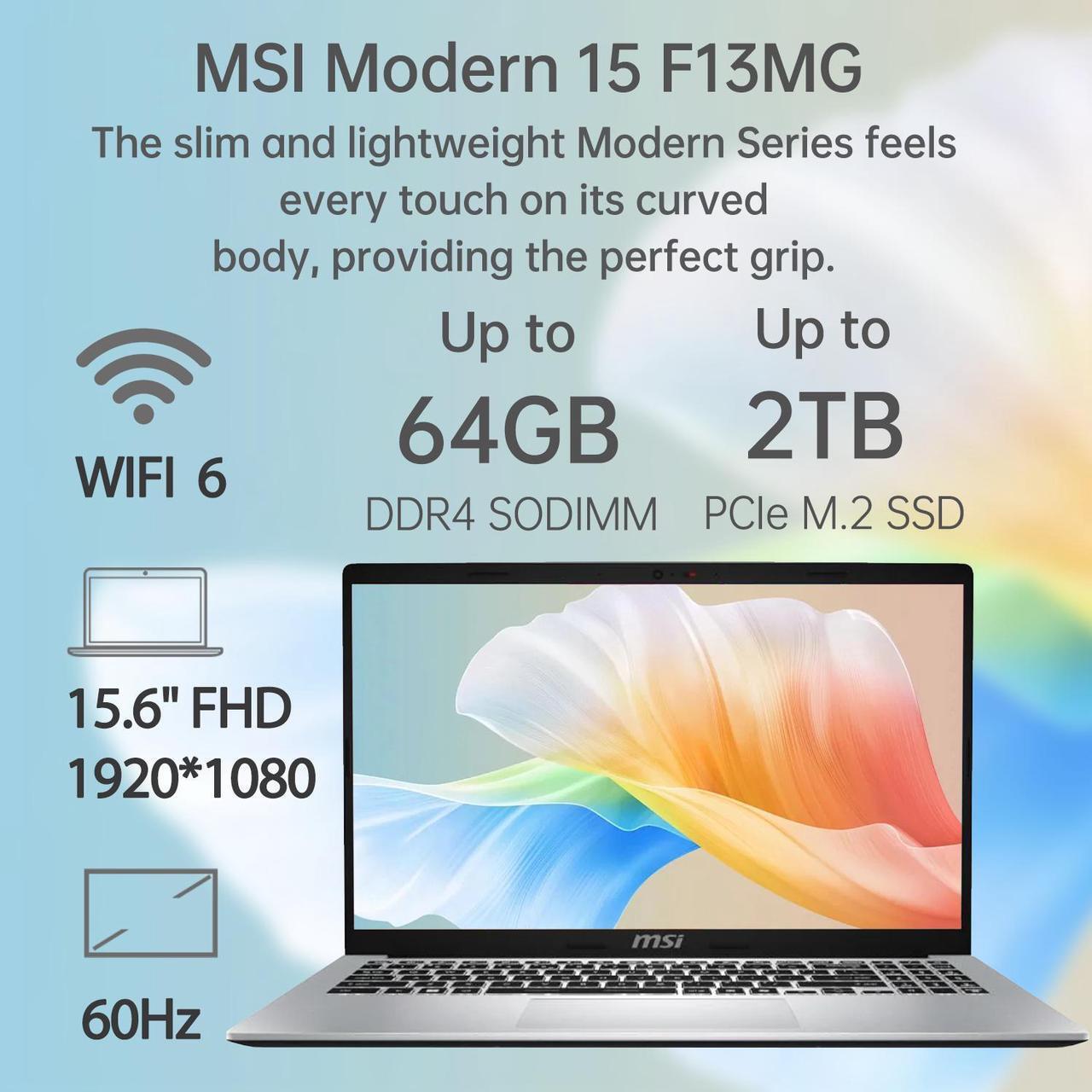 Alt view image 4 of 5 - MSI Modern 15 Laptop, 15.6" FHD, Intel Core i5-1335U, 16GB RAM, 1TB SSD, Wi-Fi 6, Win 11 Pro, Grey
