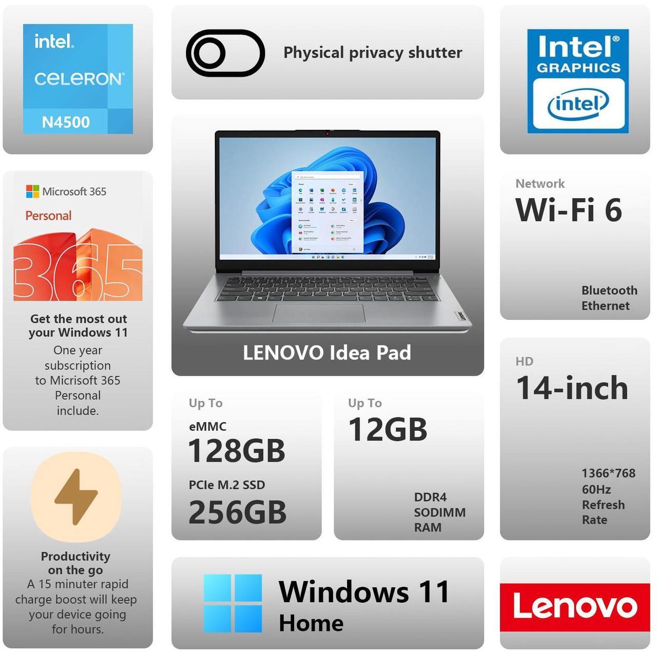 Alt view image 2 of 7 - Lenovo IdeaPad 1 Everyday Laptop, 14" HD Display, 8GB RAM, 256GB Storage(128GB eMMC + 128GB PCIe), 1 Yr Office 365 Included, Intel Core Processor, SD Card Reader, HDMI, Wi-Fi 6, Win 11 Home, Grey