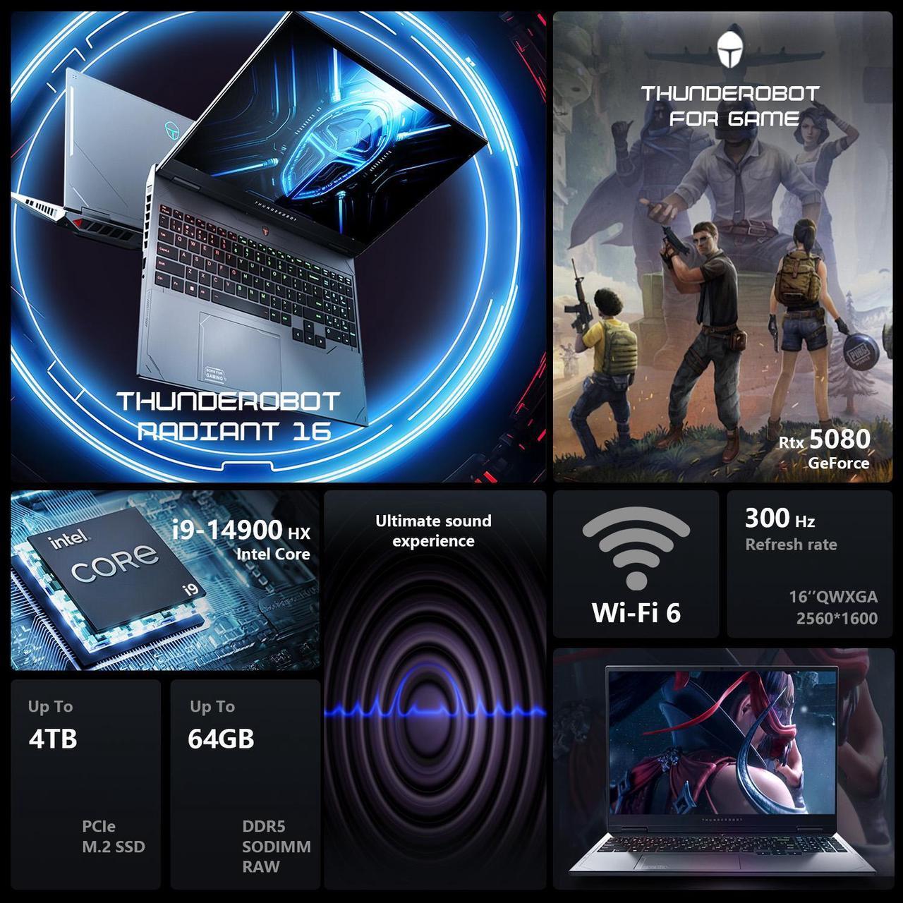 Alt view image 3 of 6 - Thunderobot Radiant 16 300Hz Gaming LaptopLaptop, 16" WQXGA 300Hz, Intel i9-14900HX, GeForce RTX 5080, 64GB DDR5 RAM, 4TB SSD, RGB Backlit Keyboard, Wi-Fi 6, Win 11 Home
