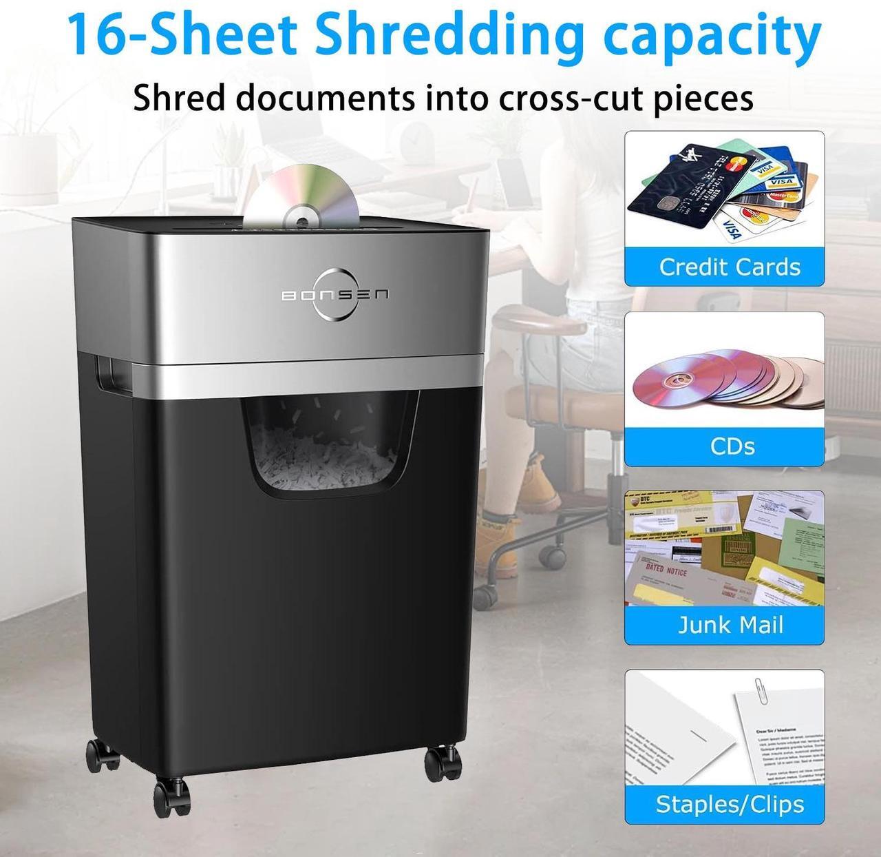 Alt view image 4 of 6 - BONSEN Heavy-Duty 16-Sheet Shredder, 60-Min Cross-Cut, Shreds CDs, Low-Noise (60dB), 5.3-Gal Bin, Anti-Jam, Perfect for Home & Office