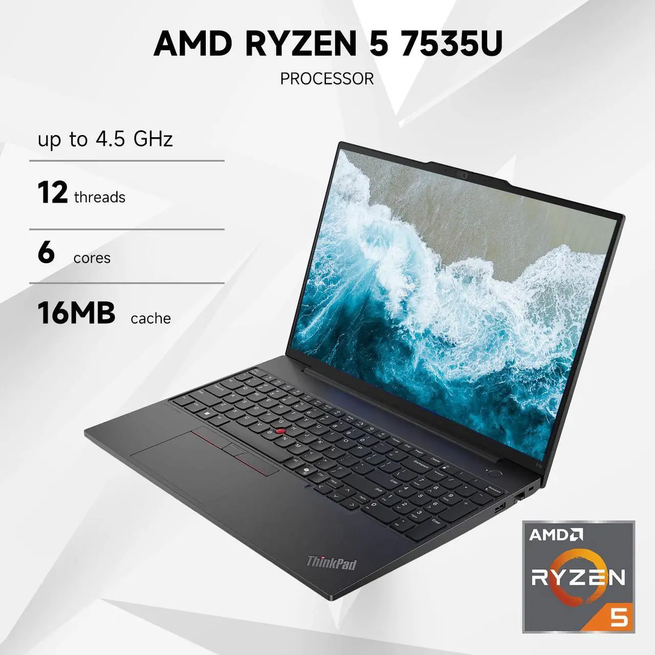 Alt view image 3 of 6 - Lenovo ThinkPad Business Laptop, 16" WUXGA, AMD Ryzen 5 7535U, 64GB DDR5 RAM, 2TB SSD, Fingerprint, Backlit, HDMI, Wi-Fi 6, Win 11 Pro, Black