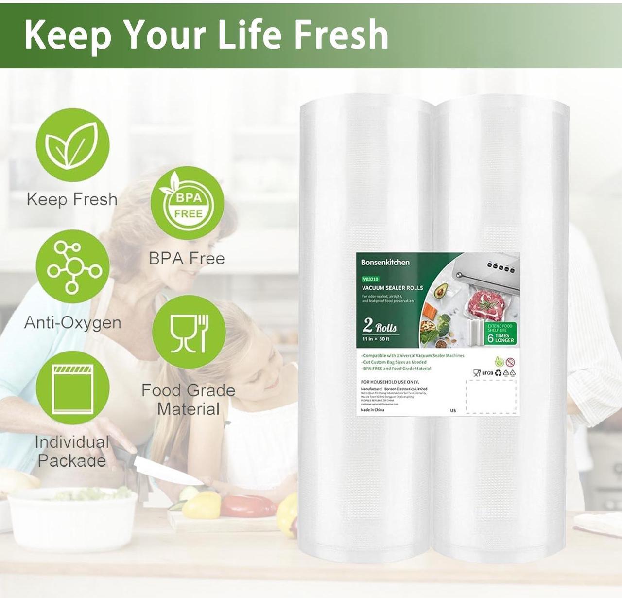 Alt view image 6 of 7 - Bonsenkitchen Vacuum Sealer Rolls, 8"x50' & 11"x50', BPA-Free, Commercial-Grade, Durable Customizable Bags for Efficient Food Storage & Sous Vide Cooking
