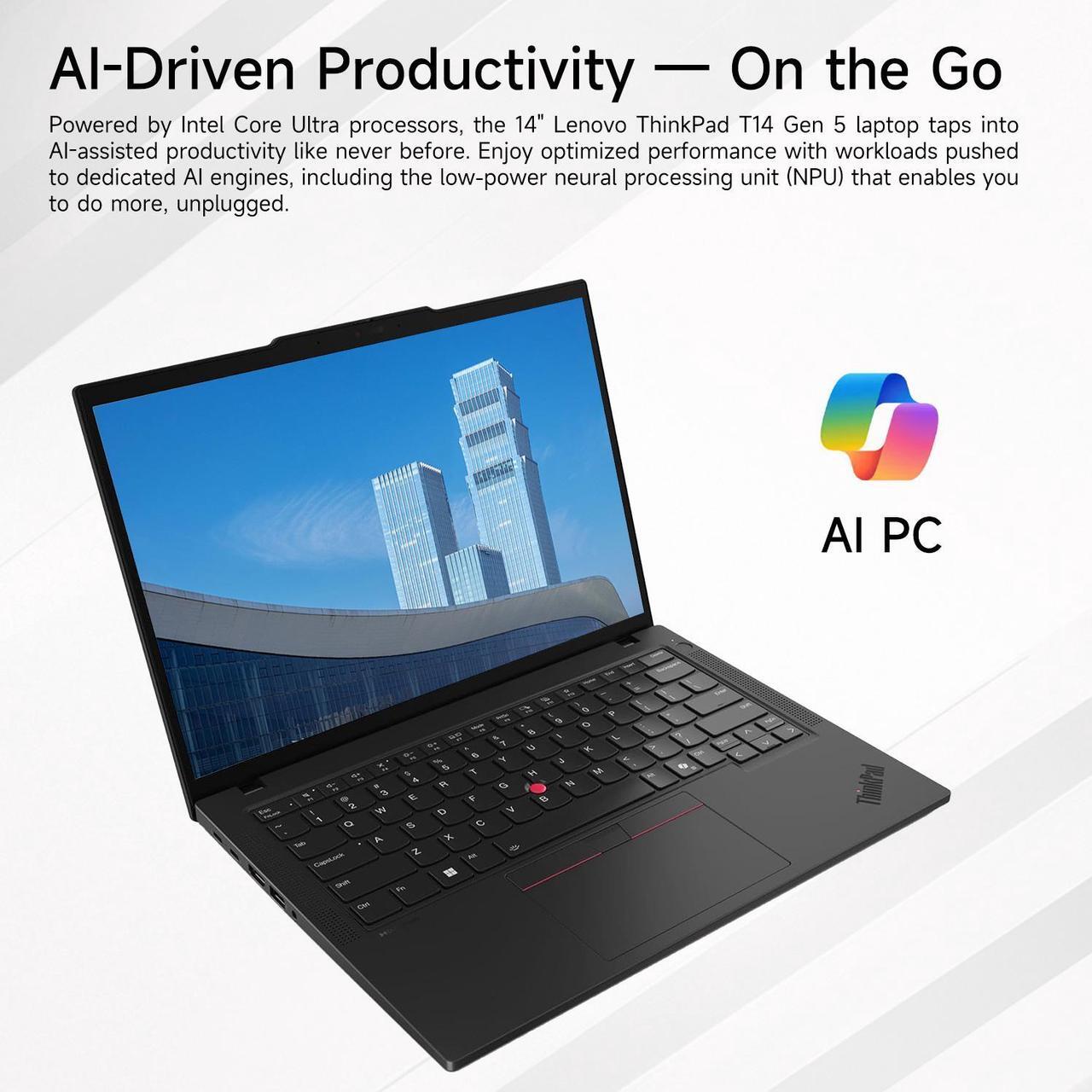 Alt view image 3 of 7 - Lenovo ThinkPad T14 Business AI-powered Laptop, 14" FHD+ 1920*1200 Non-touch 60Hz, Intel Core Ultra 5 125U, 16GB DDR5 RAM, 512GB SSD, Fingerprint, Webcam, Backlit, Wi-Fi 6E, Windows 11 Pro, Black