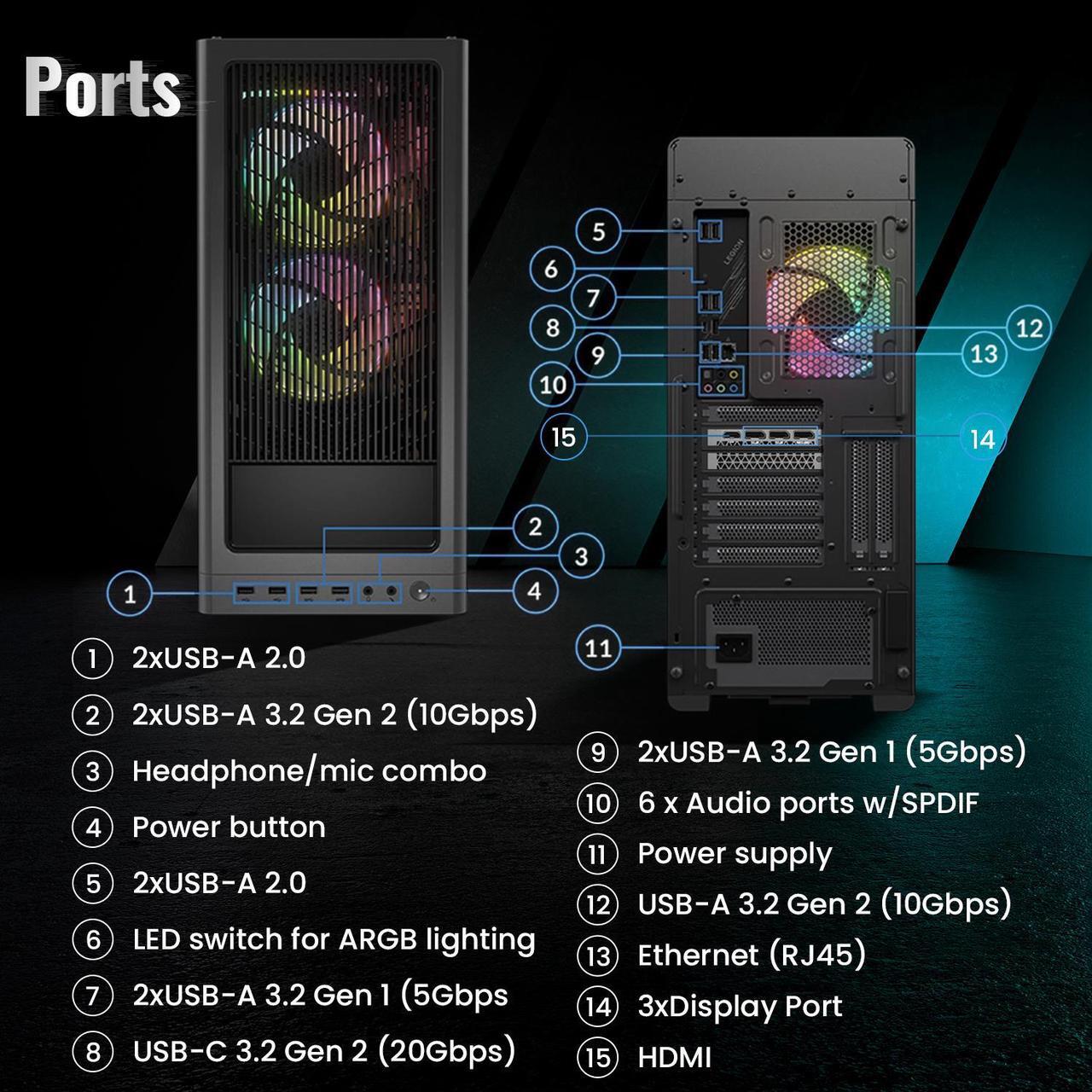 Alt view image 6 of 7 - Lenovo Legion Tower 7i Gen 8 Premium Gaming Desktop, Intel Core i9-14900KF, NVIDIA RTX 4080 SUPER, 32GB DDR5, 1TB SSD, RGB Light, VR Ready, Wi-Fi 6, Windows 11 Pro, Wired Keyboard & Mouse, Grey