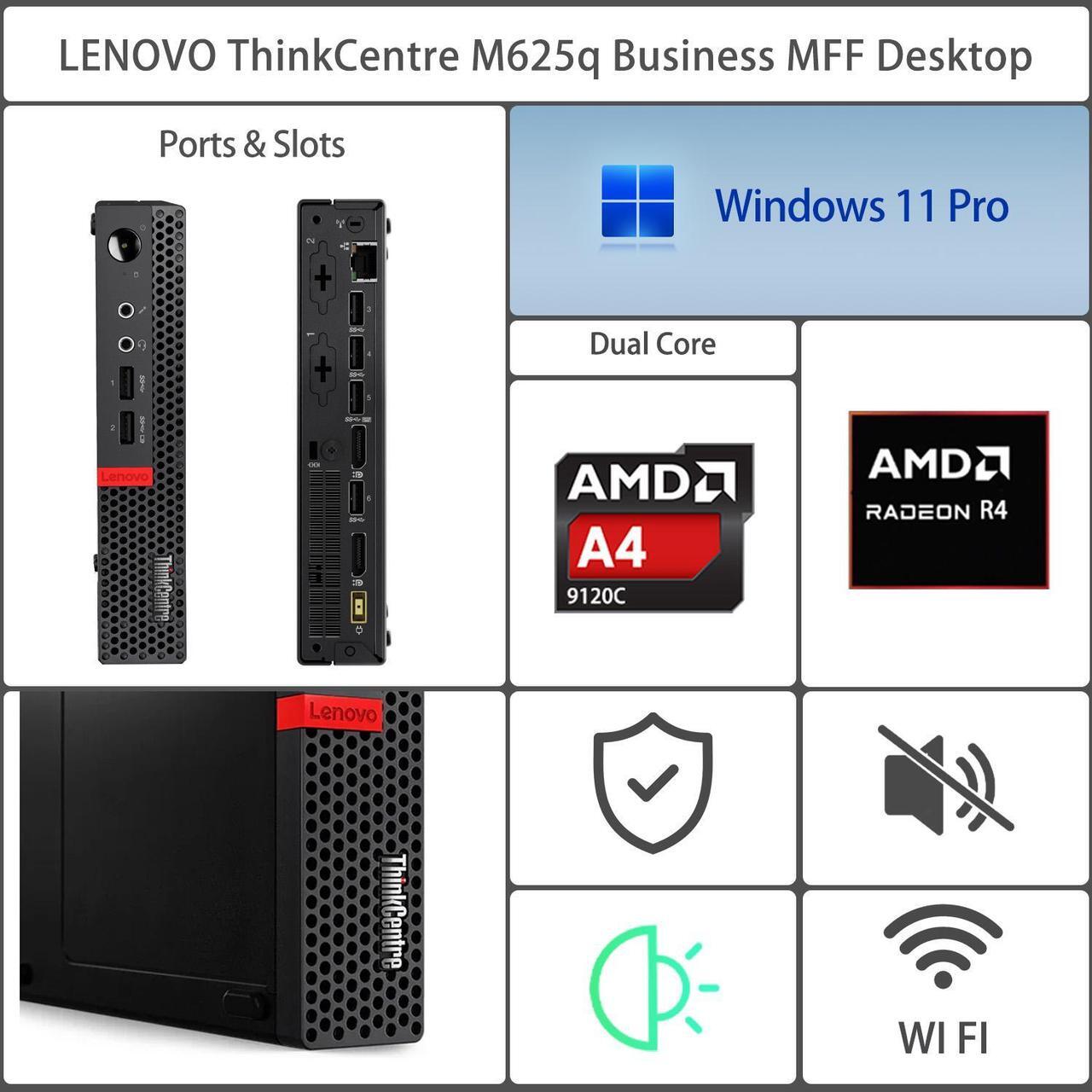 Alt view image 2 of 6 - Lenovo ThinkCentre M625q Business MFF Desktop, AMD A4 9120C, 8GB RAM, 256GB SSD, DP, Type-C, Support 2-Monitor 4K, RJ-45, Wi-Fi, Windows 11 Pro, Black