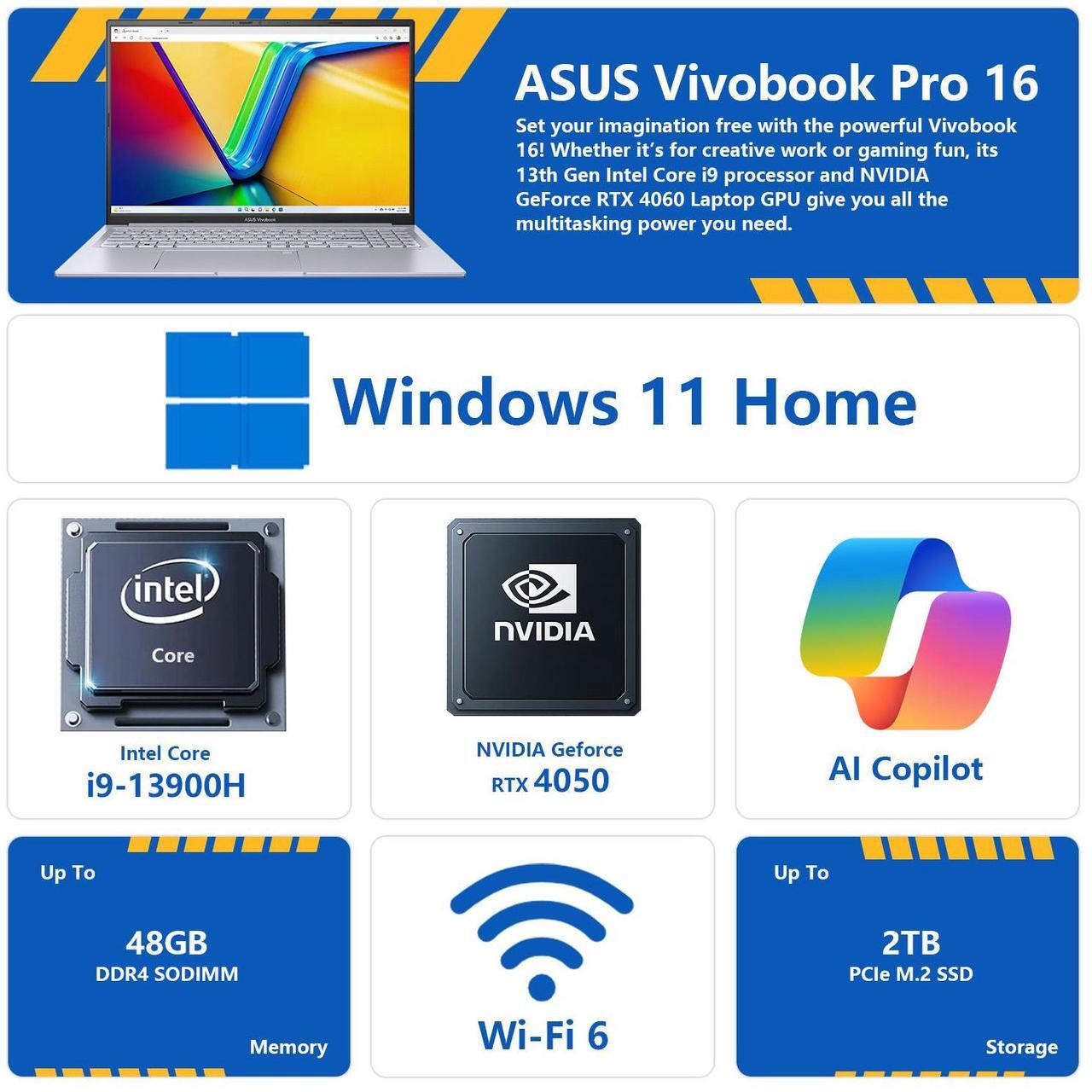 Alt view image 2 of 7 - ASUS Vivobook Pro 16 Business Laptop, 16" FHD+, Intel Core i9-13900H, GeForce RTX 4050, 24GB RAM, 1TB SSD, Wi-Fi 6, Win 11 H, Silver