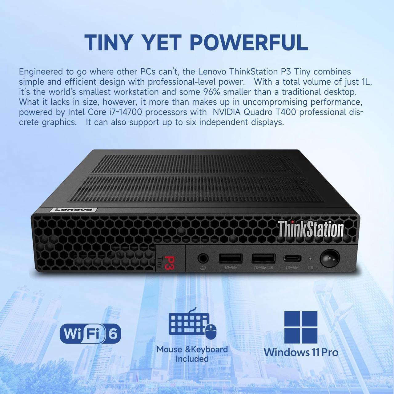 Alt view image 3 of 7 - Lenovo ThinkStation P3 Tiny Workstation for Business, Intel 20-Core i7-14700, NVIDIA T400, 64GB DDR5, 1TB SSD, HDMI, DP, Wi-Fi 6, W11 Pro, Black