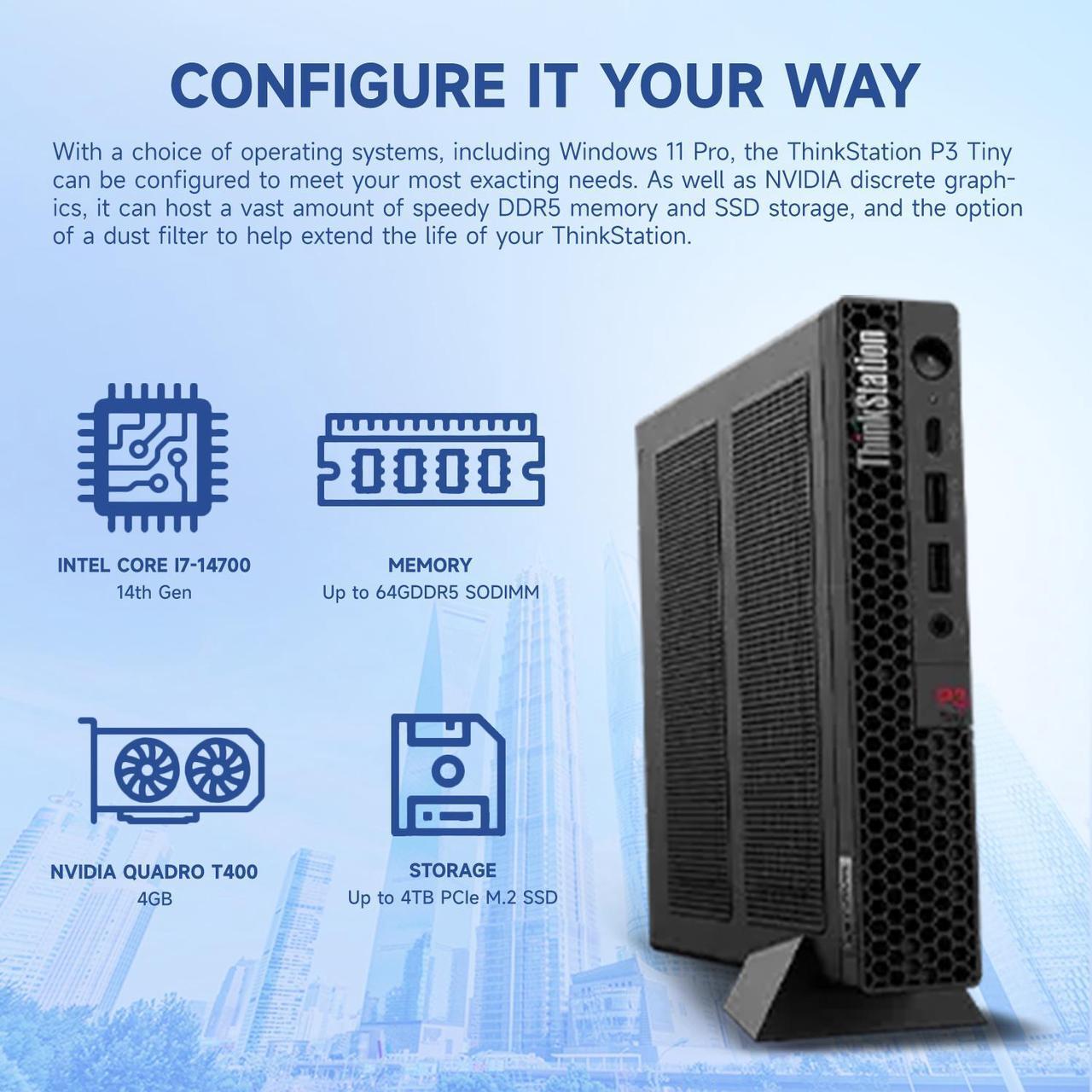 Alt view image 5 of 7 - Lenovo ThinkStation P3 Tiny Workstation for Business, Intel 20-Core i7-14700, NVIDIA T400, 64GB DDR5, 1TB SSD, HDMI, DP, Wi-Fi 6, W11 Pro, Black