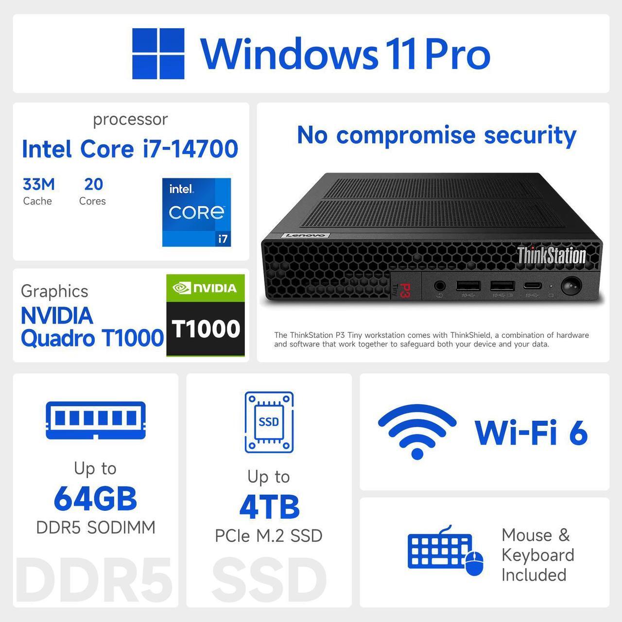 Alt view image 2 of 7 - Lenovo ThinkStation P3 Tiny Workstation for Business, Intel 20-Core i7-14700, NVIDIA T1000, 32GB DDR5, 1TB SSD, HDMI, DP, Wi-Fi 6, W11 Pro, Black
