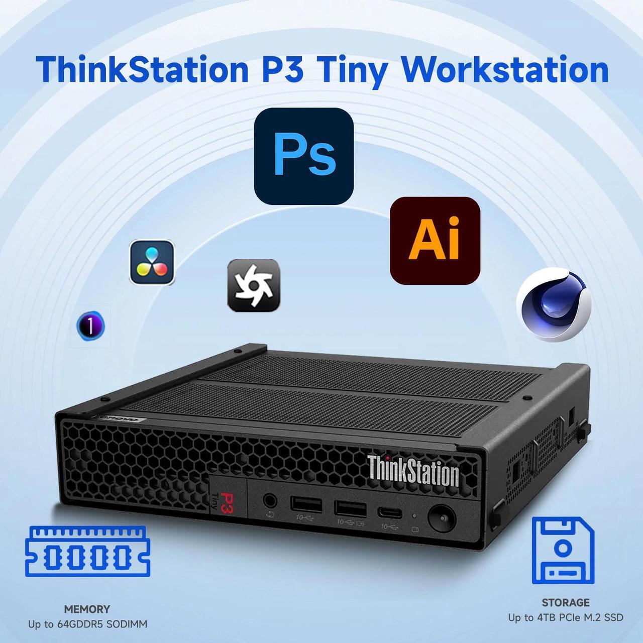 Alt view image 3 of 7 - Lenovo ThinkStation P3 Tiny Workstation for Business, Intel 20-Core i7-14700, NVIDIA T1000, 32GB DDR5, 1TB SSD, HDMI, DP, Wi-Fi 6, W11 Pro, Black