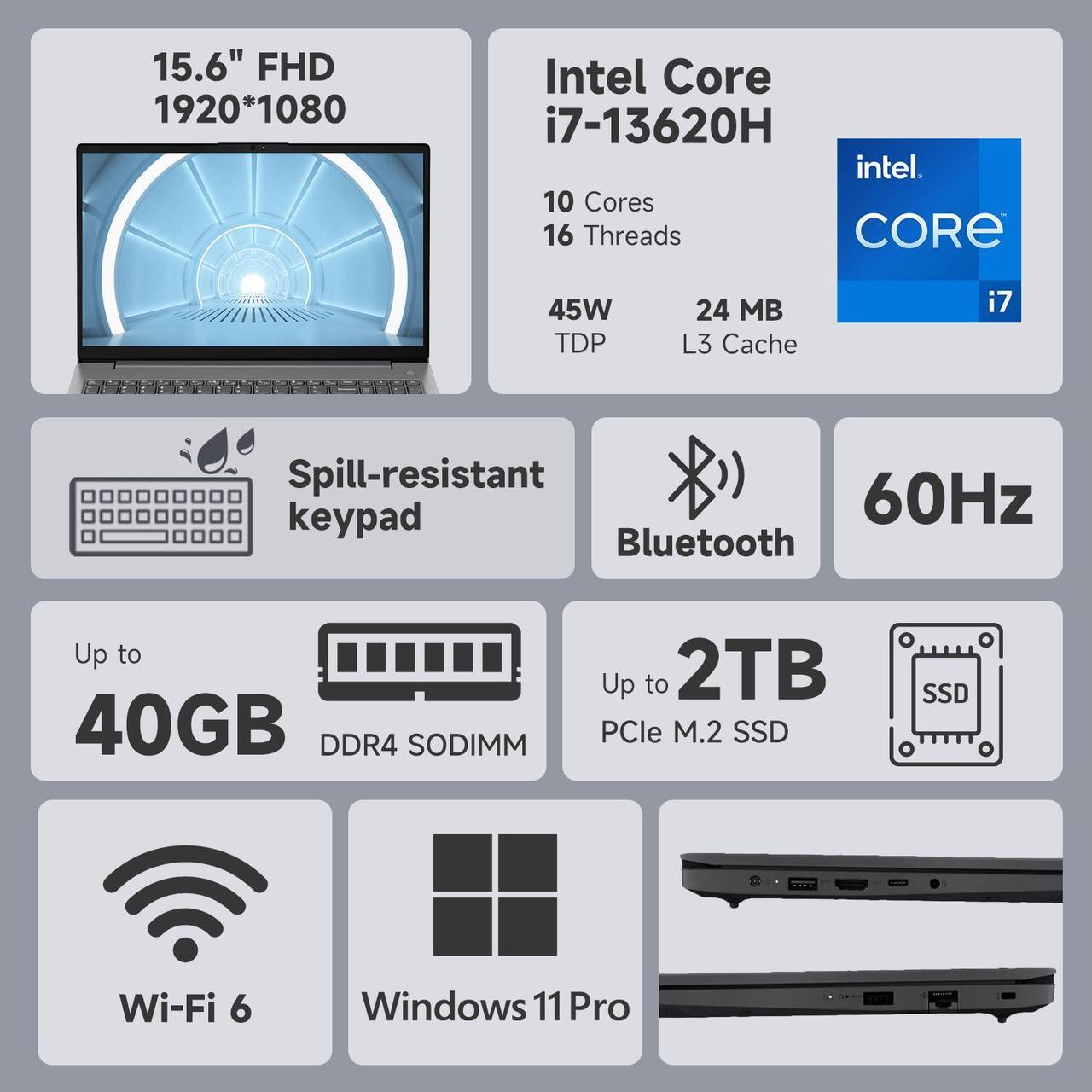 Alt view image 2 of 7 - Lenovo V-Series V15 Business Laptop, 15.6" FHD, Intel Core i7-13620H, 16GB RAM, 512GB SSD, Webcam, Wi-Fi 6, Windows 11 Pro, Grey
