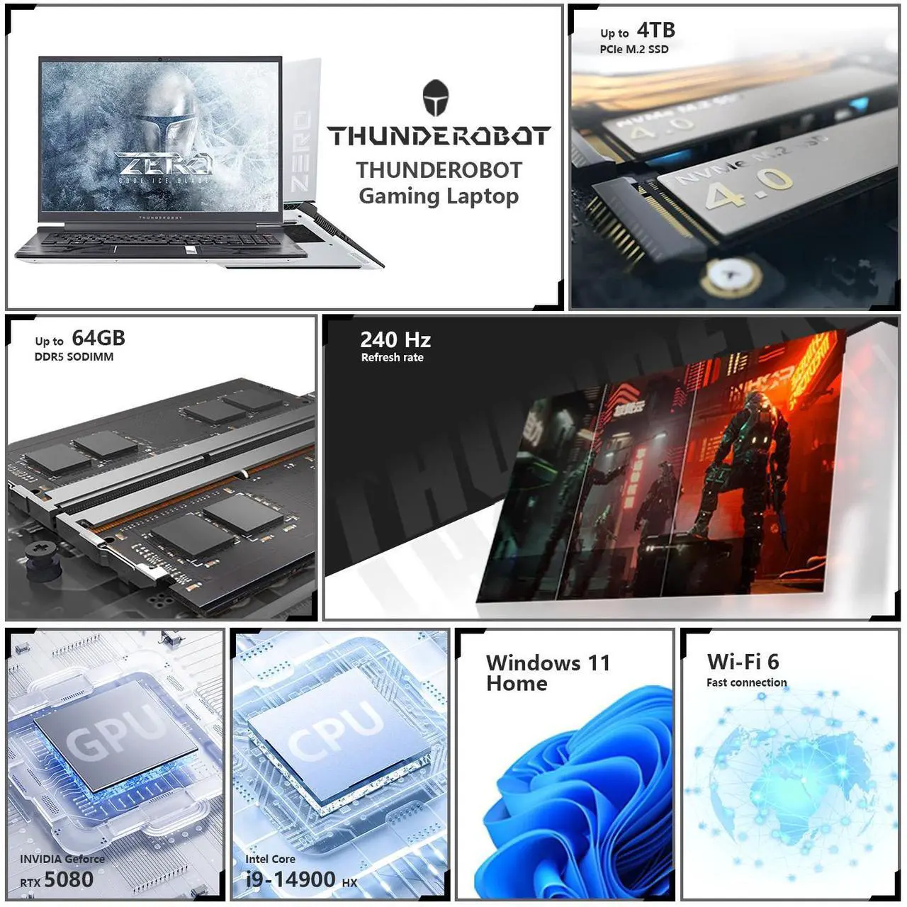 Alt view image 3 of 7 - Thunderobot ZERO 16 Gaming Laptop, 16" WQXGA 240Hz, Intel Core i9-14900HX, GeForce RTX 4080, 32GB DDR5 RAM, 1TB SSD, RGB Backlit Keyboard, Wi-Fi 6, Win 11 Home, White
