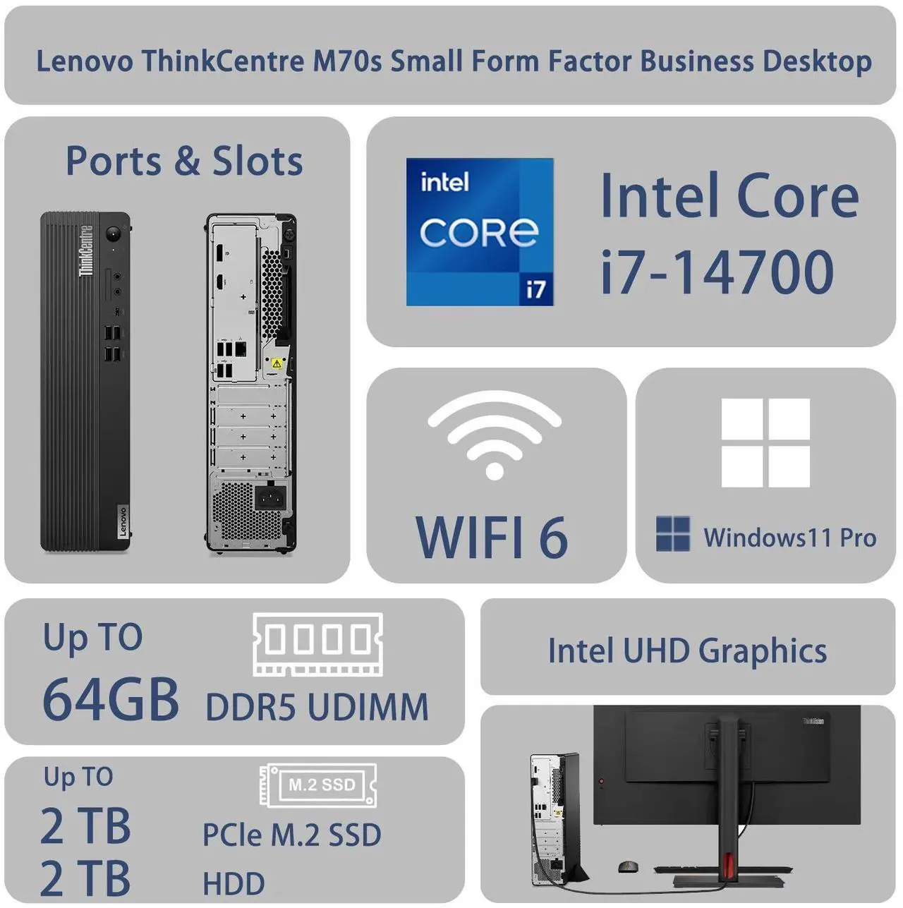Alt view image 2 of 7 - Lenovo ThinkCentre M70s Business SFF Desktop, Intel Core i7-14700, 64GB DDR5 RAM, 2TB SSD, Wi-Fi 6, Windows 11 Pro, Black