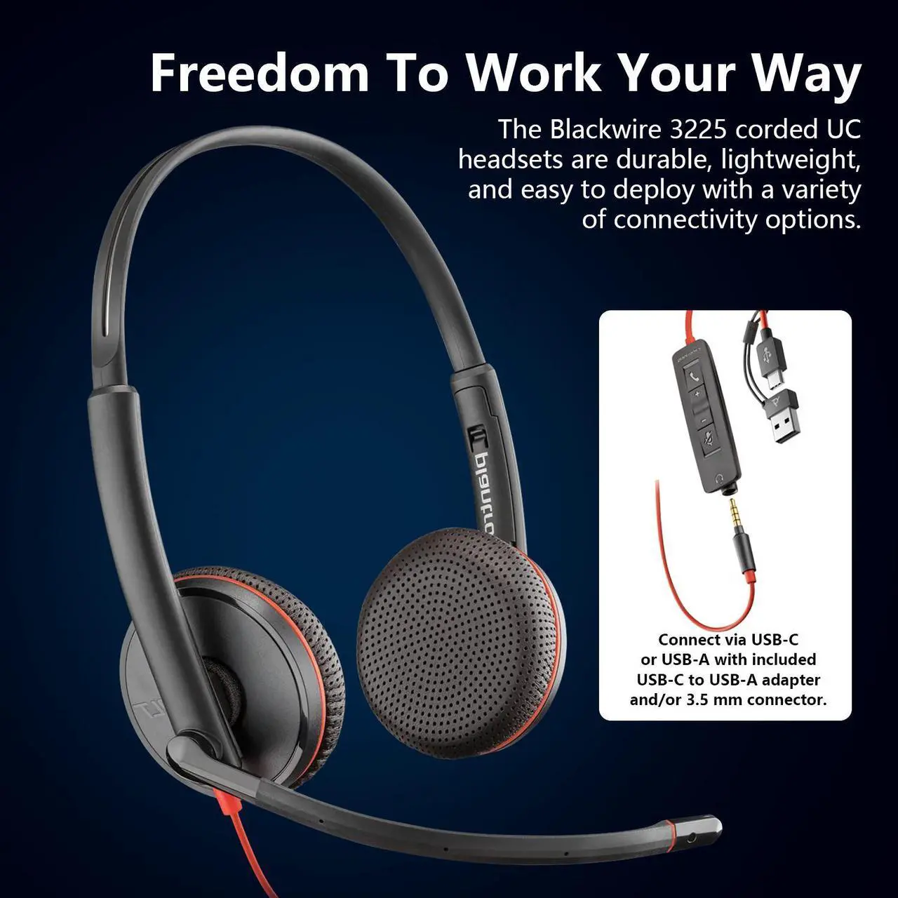 Alt view image 2 of 7 - HP Poly Blackwire C3225 Stereo USB-C Headset, Noise Cancelling, Soundguard and Flexible Microphone Arm, Black