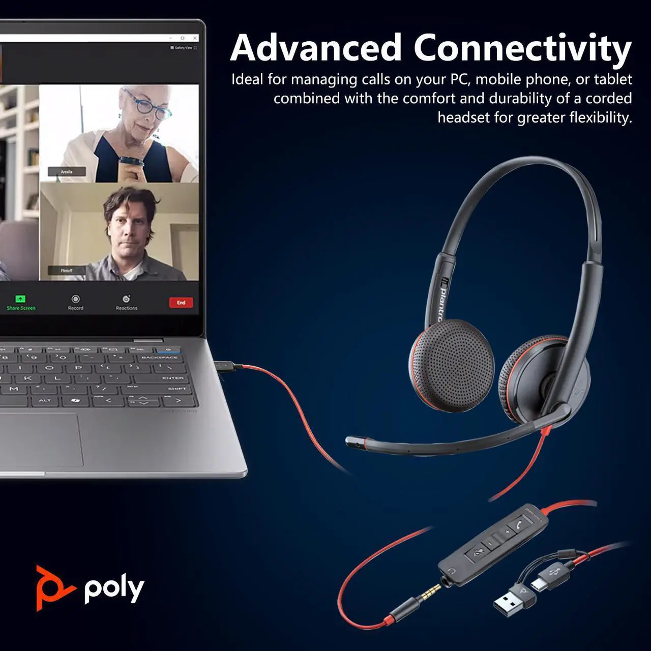 Alt view image 3 of 7 - HP Poly Blackwire C3225 Stereo USB-C Headset, Noise Cancelling, Soundguard and Flexible Microphone Arm, Black
