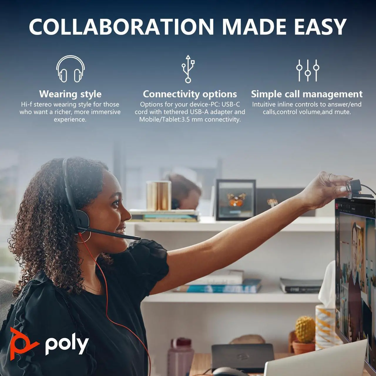 Alt view image 7 of 7 - HP Poly Blackwire C3225 Stereo USB-C Headset, Noise Cancelling, Soundguard and Flexible Microphone Arm, Black
