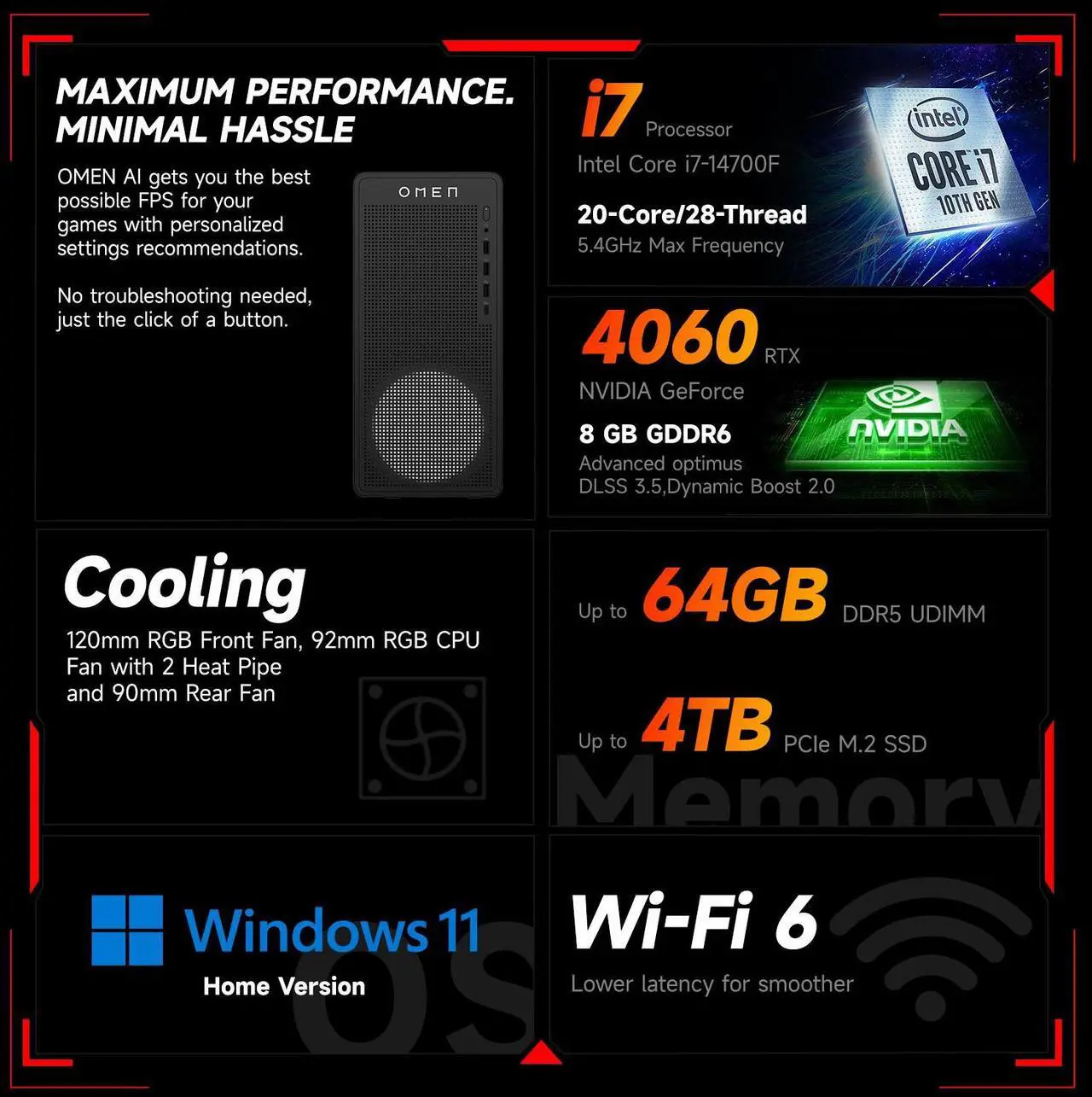 Alt view image 4 of 7 - HP OMEN 16L i7 Gaming Tower Desktop, Intel Core i7-14700F, NVIDIA GeForce RTX 4060, 16GB DDR5 RAM, 1TB SSD, DP, RJ-45, Wi-Fi 6, Windows 11 Home, Black