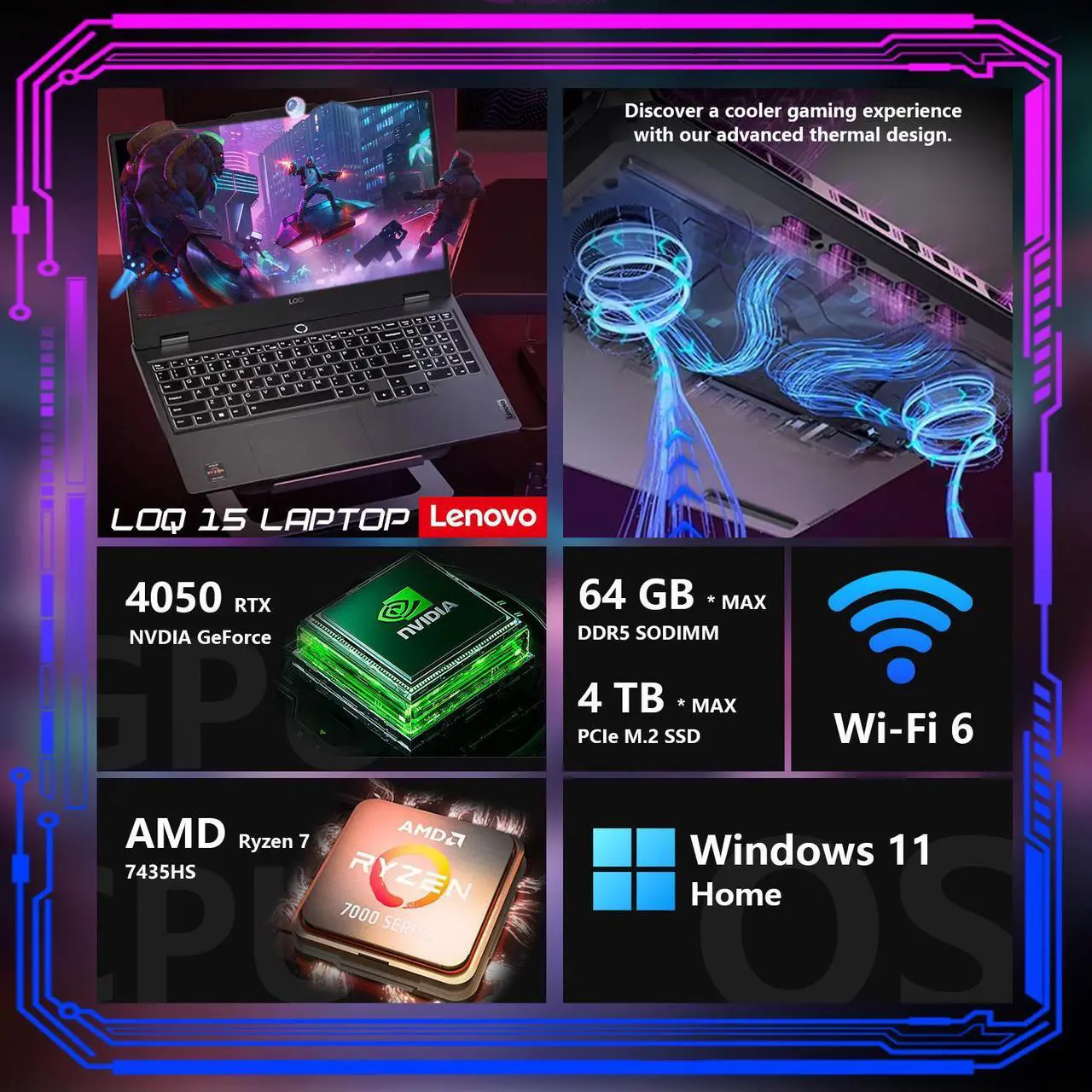 Alt view image 5 of 7 - Lenovo LOQ 15 Smooth FPS Gaming Laptop, 15.6" FHD 144Hz IPS, AMD Ryzen 7 7435HS, NVIDIA GeForce RTX 4050, 32GB DDR5, 1TB SSD, Backlit Keyboard, Wi-Fi 6, Windows 11 Home, Grey