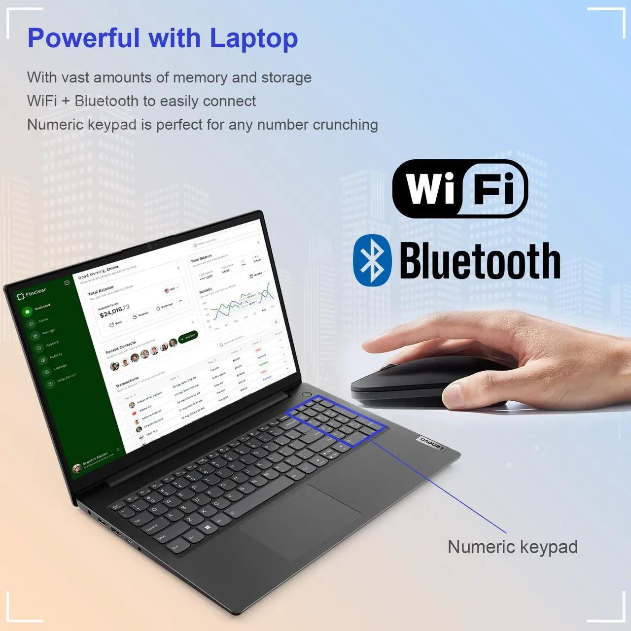 Alt view image 5 of 6 - Lenovo V-Series V15 Business Laptop, 15.6" FHD Display, AMD Ryzen 7 7730U, 40GB RAM, 2TB SSD, Numeric Keypad, HDMI, RJ45, Webcam, Wi-Fi, Windows 11 Pro, Black