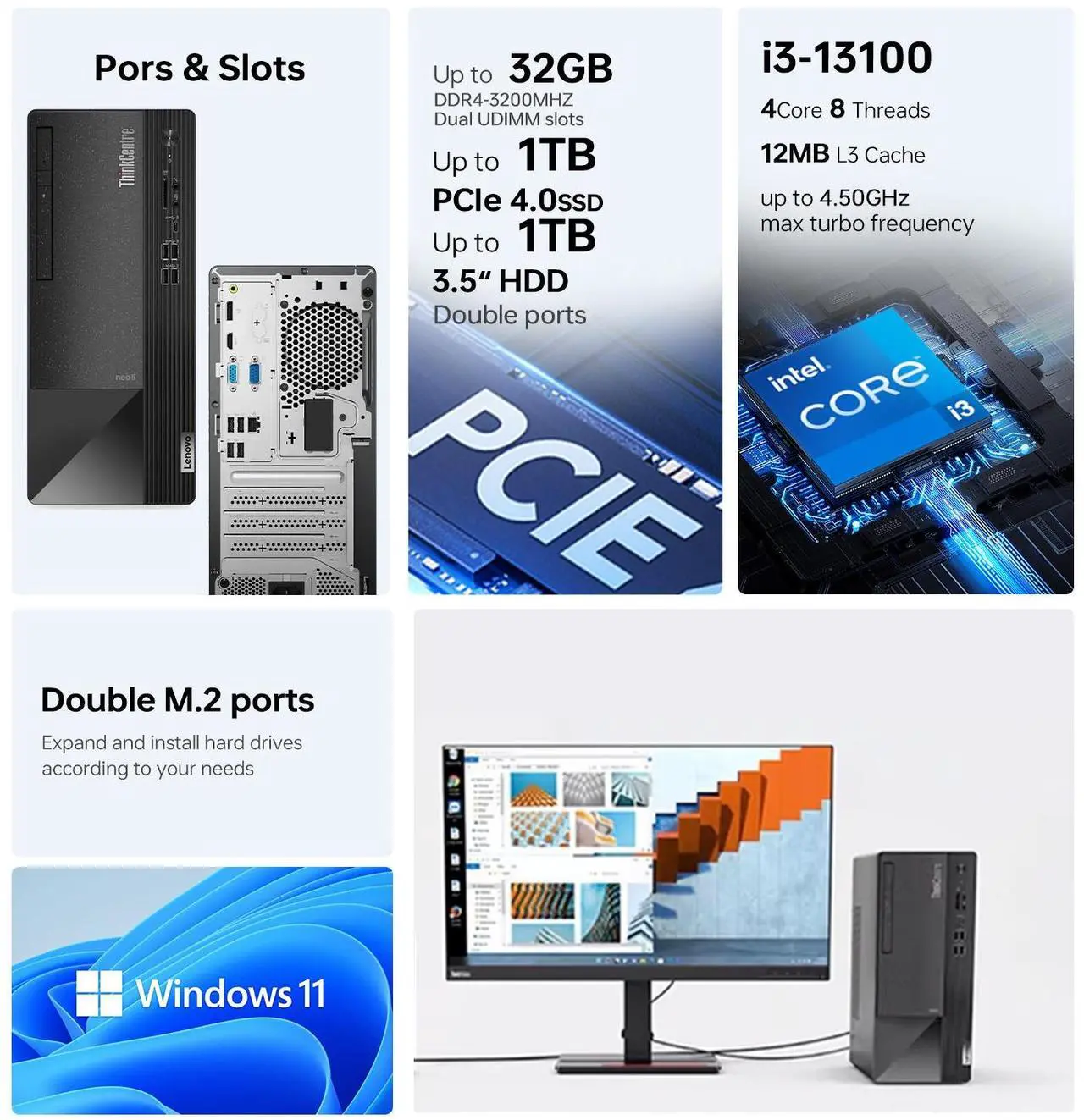 Alt view image 2 of 6 - Lenovo ThinkCentre neo 50t Business Tower Desktop, Intel Core i3-13100, 16GB DDR5 RAM, 1TB SSD, Wi-Fi, Windows 11 Pro, Black