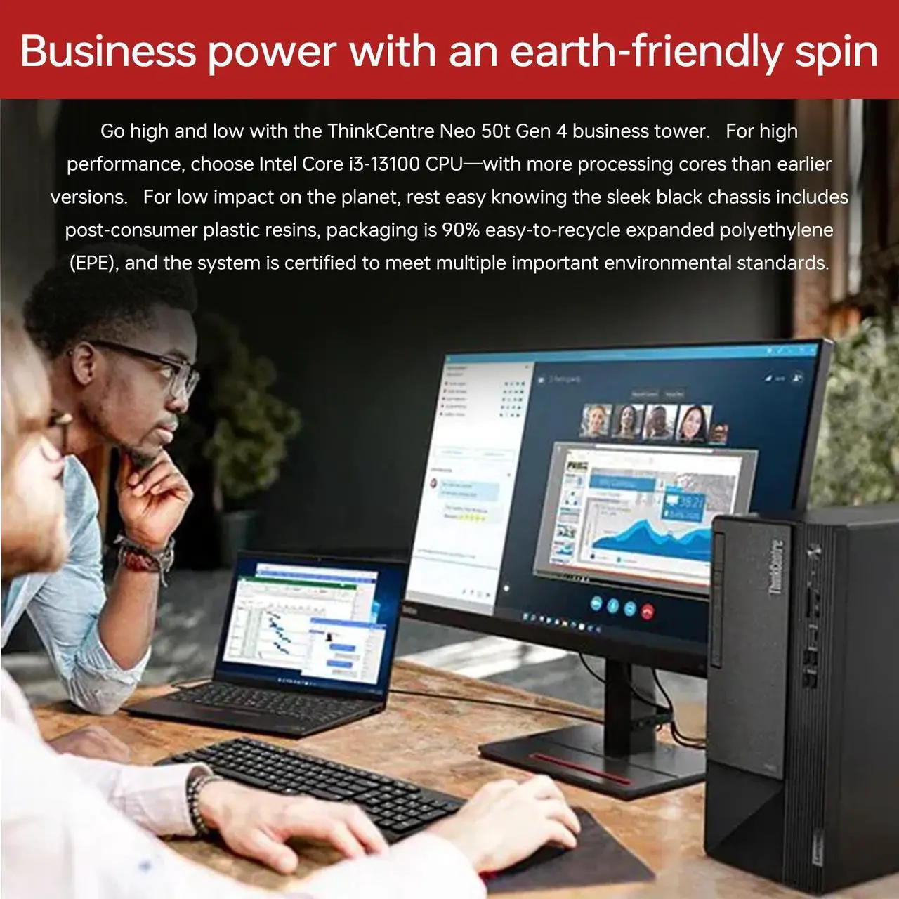 Alt view image 3 of 6 - Lenovo ThinkCentre neo 50t Business Tower Desktop, Intel Core i3-13100, 16GB DDR5 RAM, 1TB SSD, Wi-Fi, Windows 11 Pro, Black