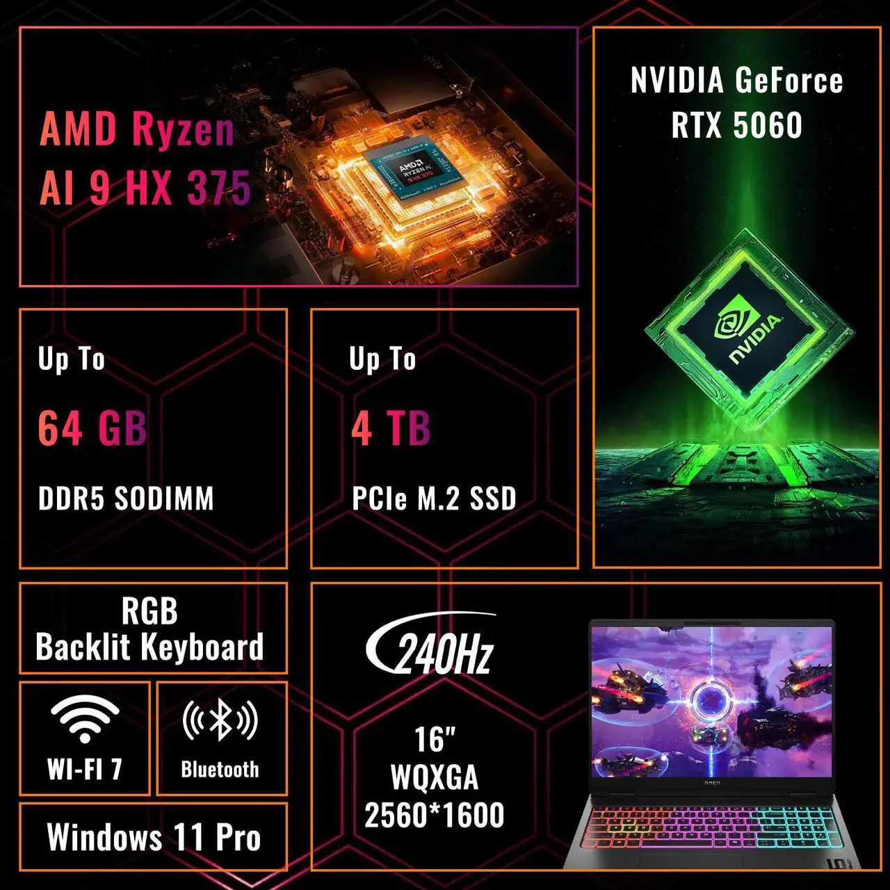 Alt view image 2 of 7 - HP Omen MAX Gaming Laptop, 16" WQXGA 240Hz, AMD Ryzen AI 9 HX 375, NVIDIA RTX 5060, 64GB DDR5 RAM, 4TB SSD, RGB keyboard, Wi-Fi 7, Windows 11 Pro, Black