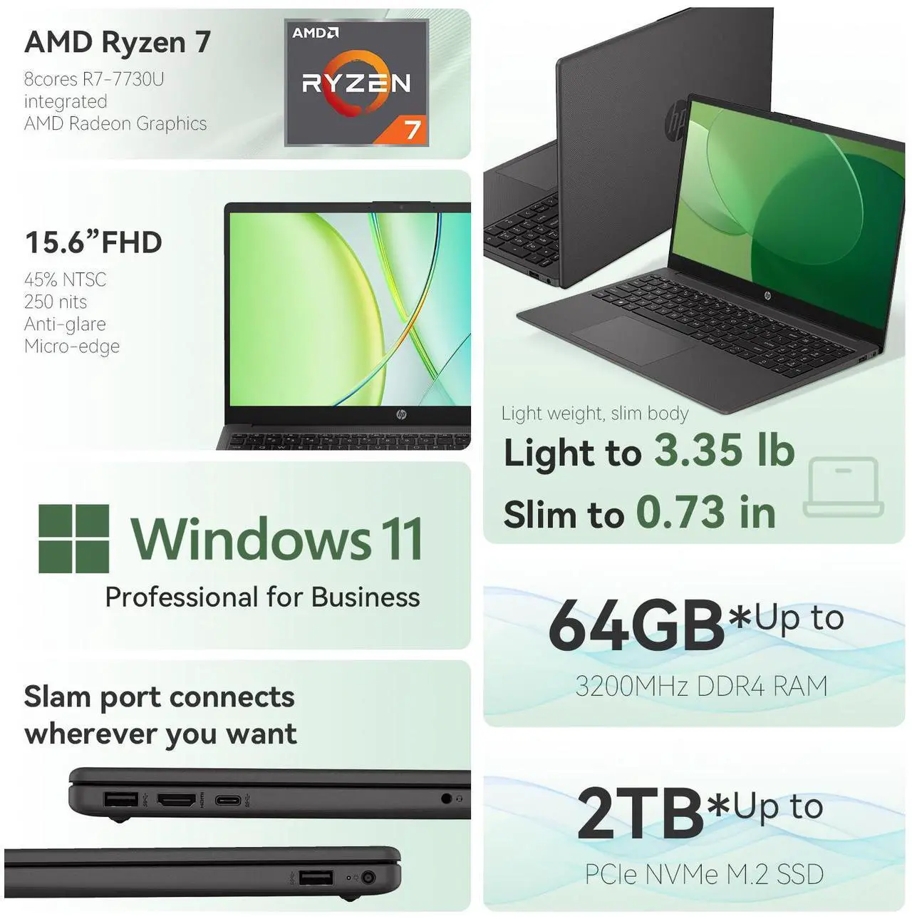 Alt view image 2 of 6 - HP Newest 255 G10 Professional Business Laptop, AMD Ryzen 7 7730U, 15.6" FHD IPS Display, 32GB RAM, 1TB PCle SSD, HDMI, Wi-Fi 6, Webcam, Windows 11 Pro, Black