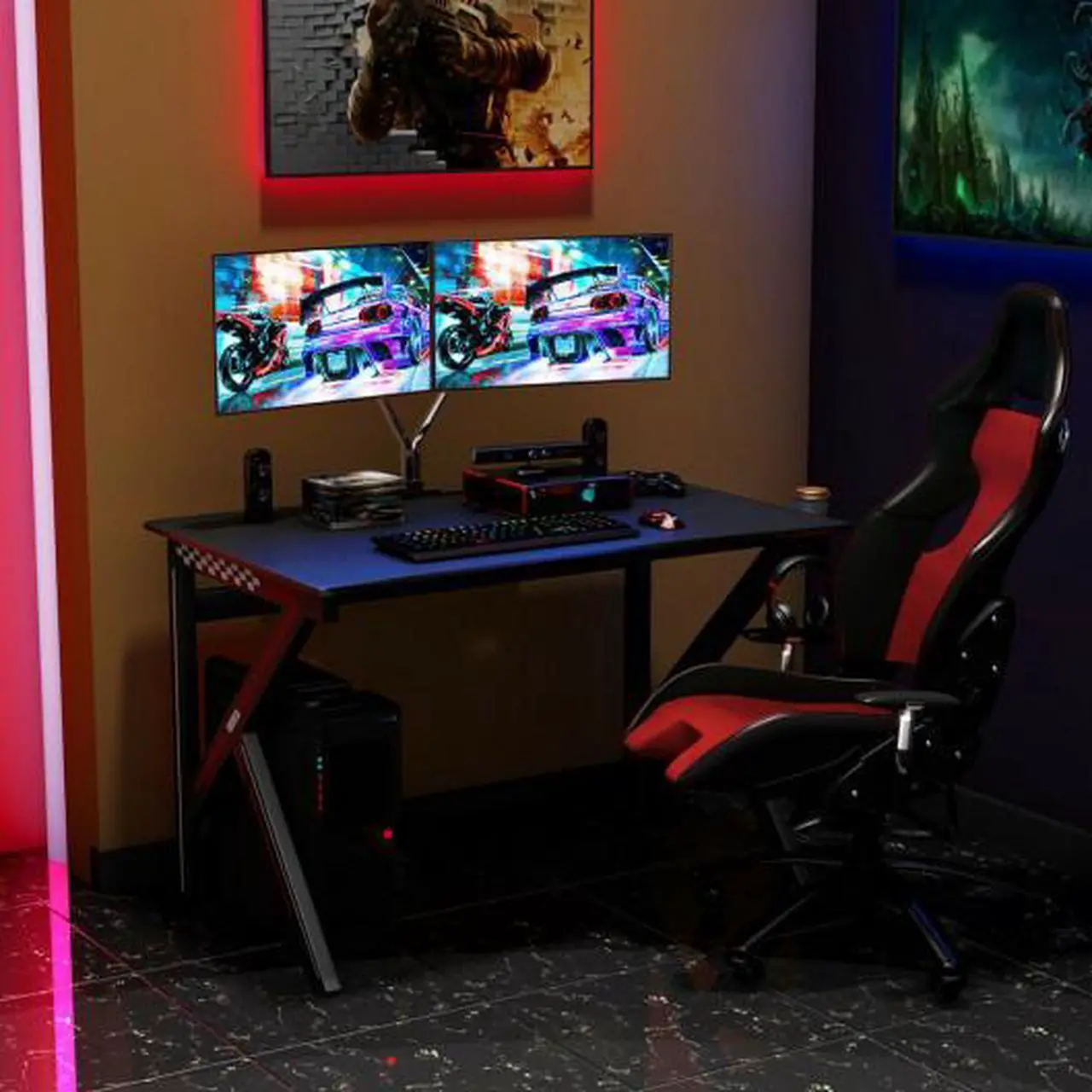 Alt view image 3 of 3 - K-Shaped Gaming Desk with Cup Holder Headphone