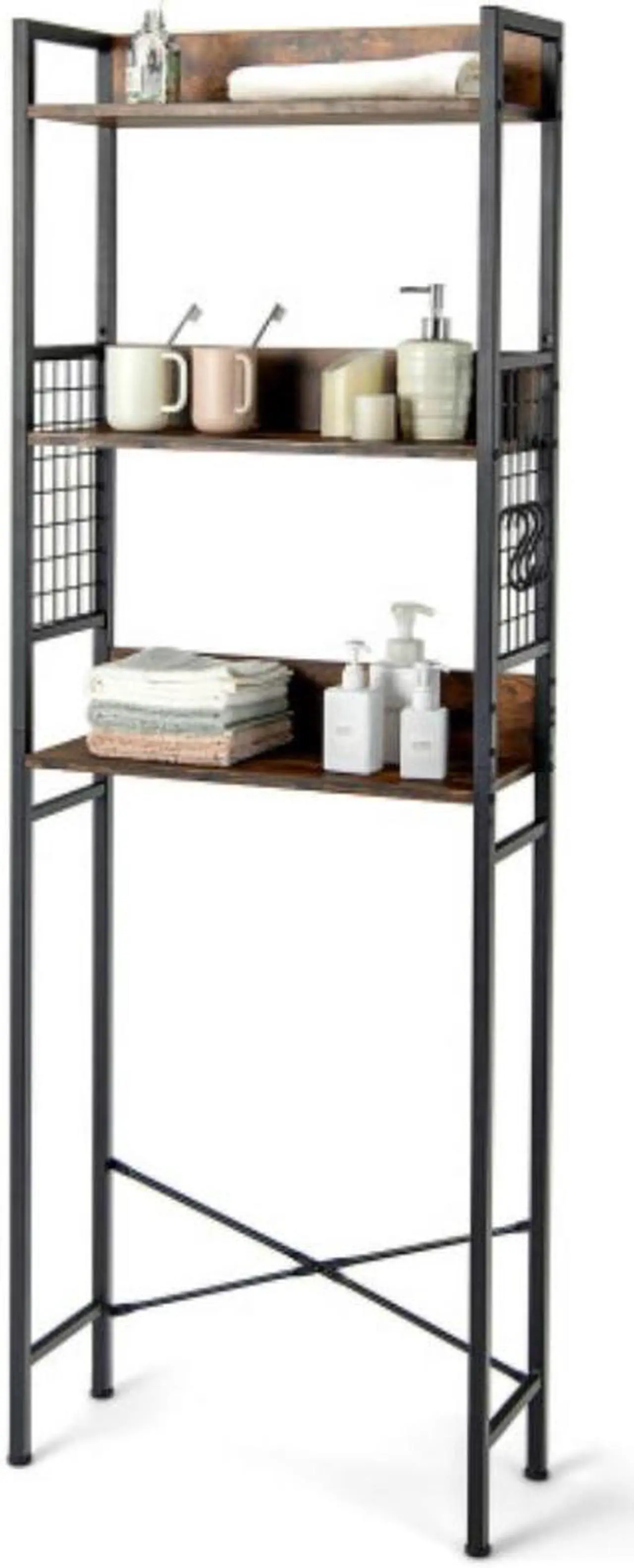 Main image of 3-Tier Over-the-Toilet Storage Rack with 3 Hooks-Rustic Brown