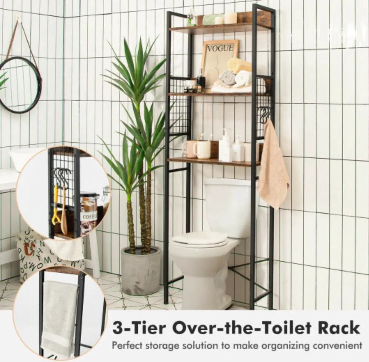 Alt view image 2 of 2 - 3-Tier Over-the-Toilet Storage Rack with 3 Hooks-Rustic Brown