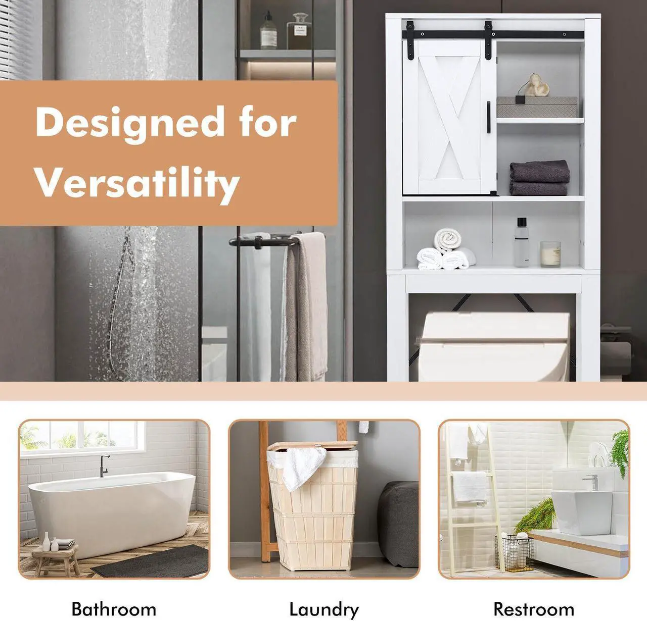 Alt view image 2 of 6 - 3-Tier Wodden Bathroom Cabinet with Sliding Barn Door and 3-position Adjustable Shelves-White