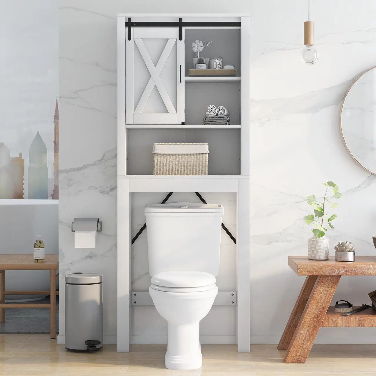 Alt view image 5 of 6 - 3-Tier Wodden Bathroom Cabinet with Sliding Barn Door and 3-position Adjustable Shelves-White
