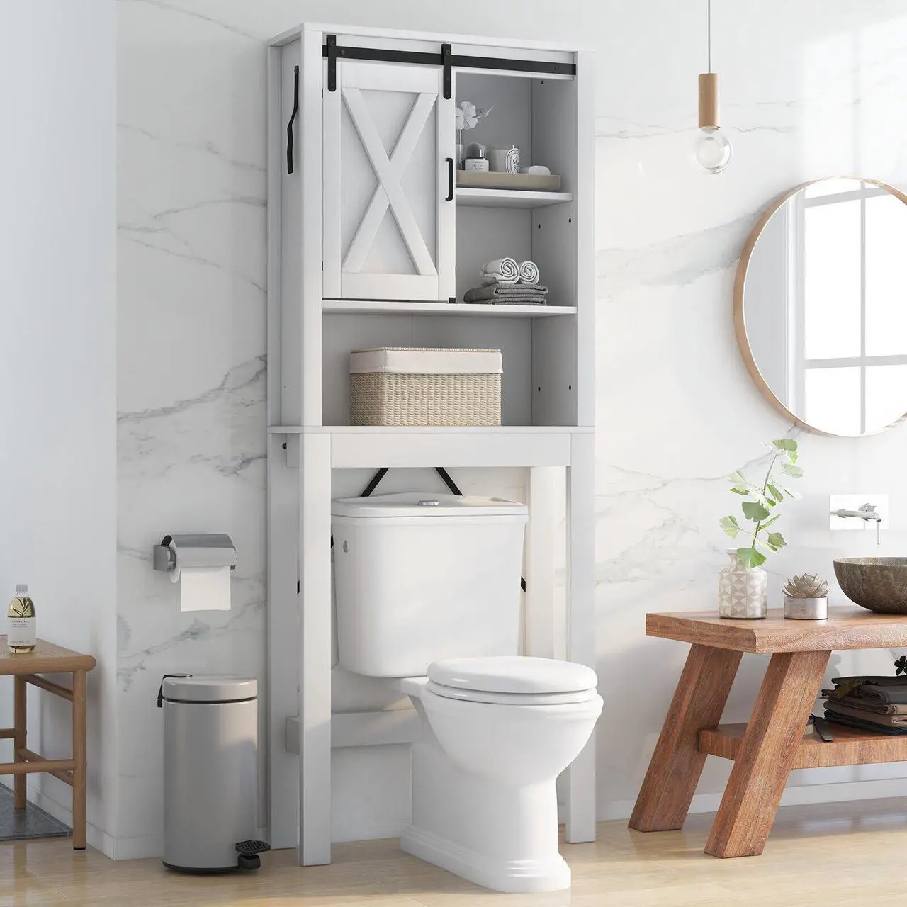 Alt view image 3 of 6 - 3-Tier Wodden Bathroom Cabinet with Sliding Barn Door and 3-position Adjustable Shelves-White