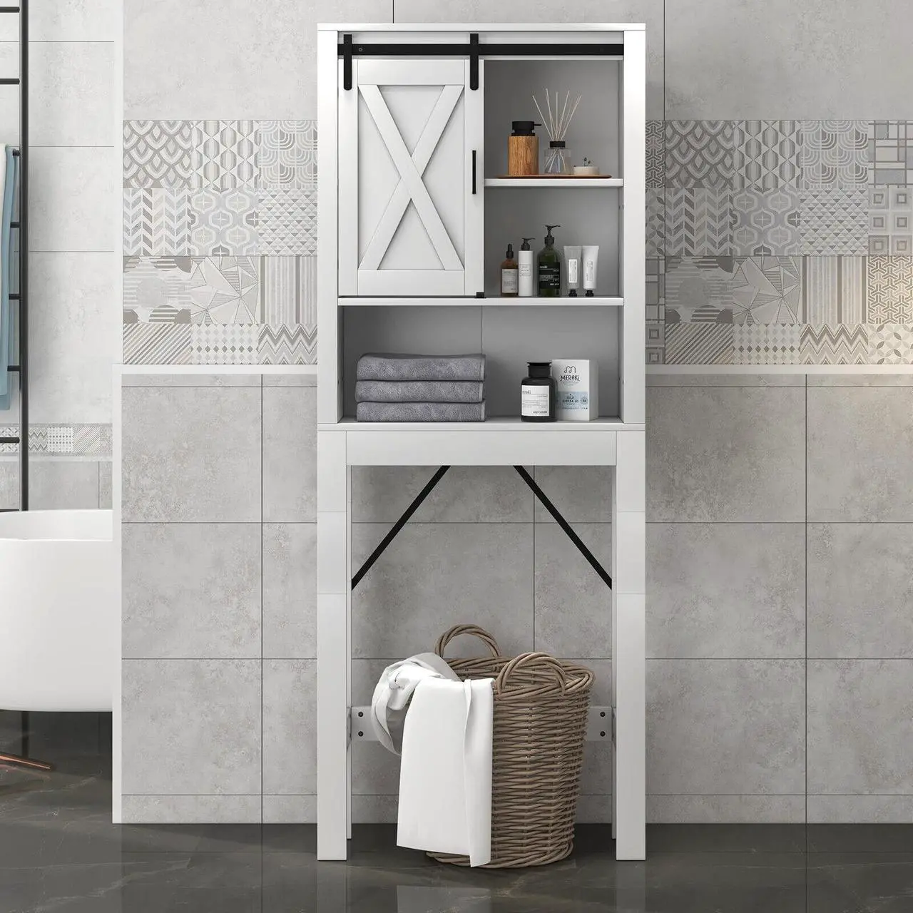 Alt view image 6 of 6 - 3-Tier Wodden Bathroom Cabinet with Sliding Barn Door and 3-position Adjustable Shelves-White