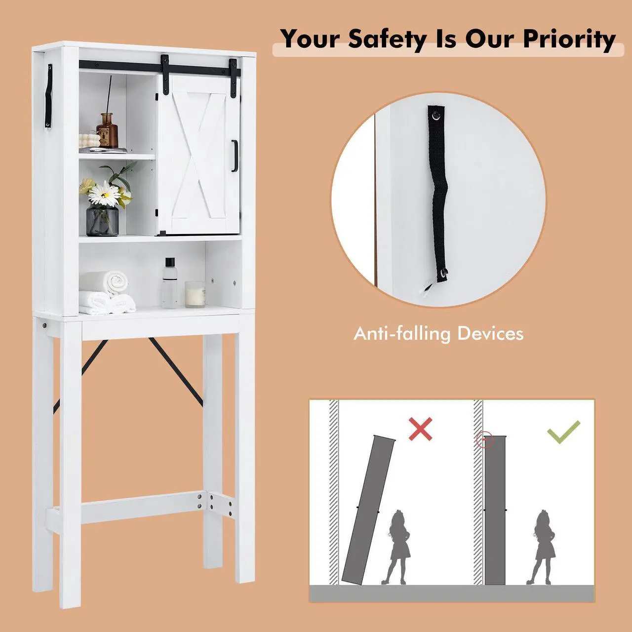 Alt view image 4 of 6 - 3-Tier Wodden Bathroom Cabinet with Sliding Barn Door and 3-position Adjustable Shelves-White