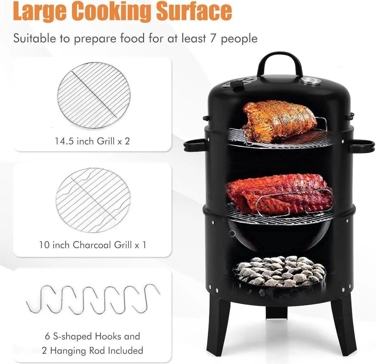 Alt view image 7 of 7 - 3-in-1 Charcoal BBQ Grill Cambo with Built-in Thermometer