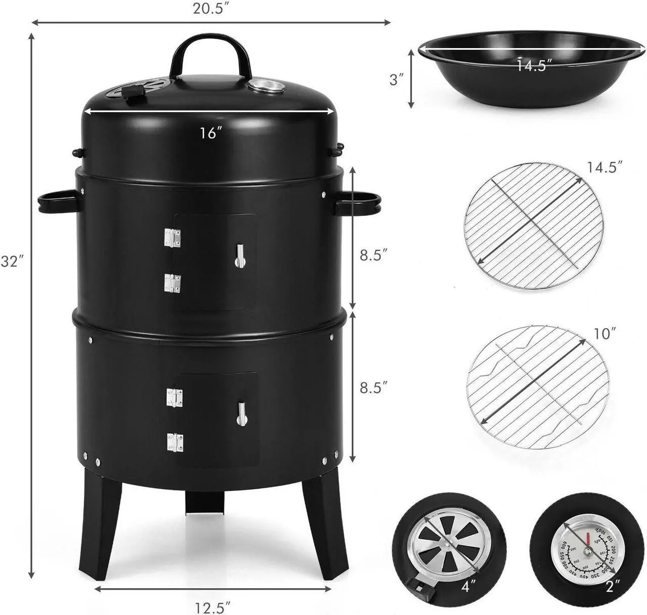 Alt view image 5 of 7 - 3-in-1 Charcoal BBQ Grill Cambo with Built-in Thermometer