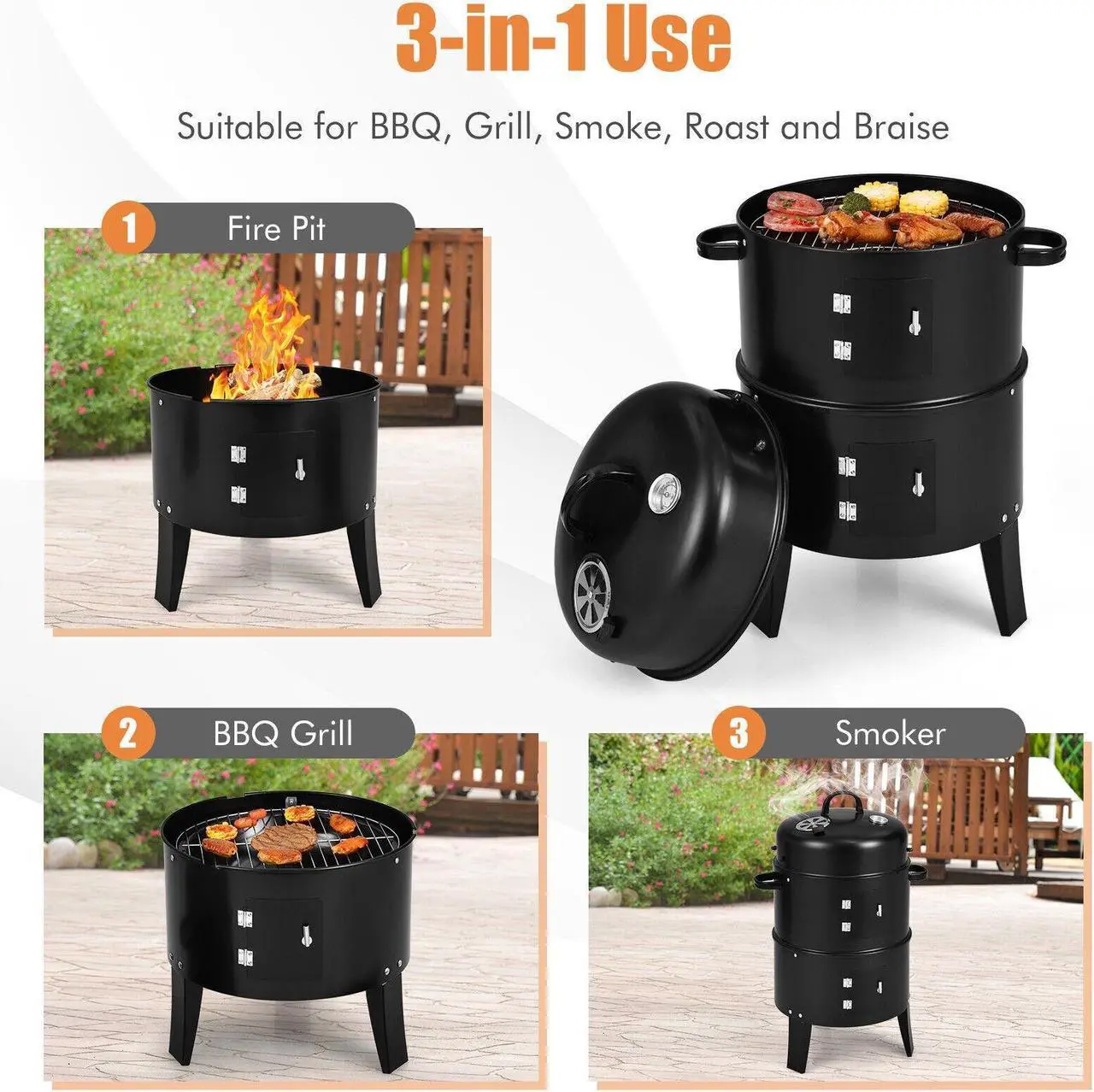 Alt view image 6 of 7 - 3-in-1 Charcoal BBQ Grill Cambo with Built-in Thermometer