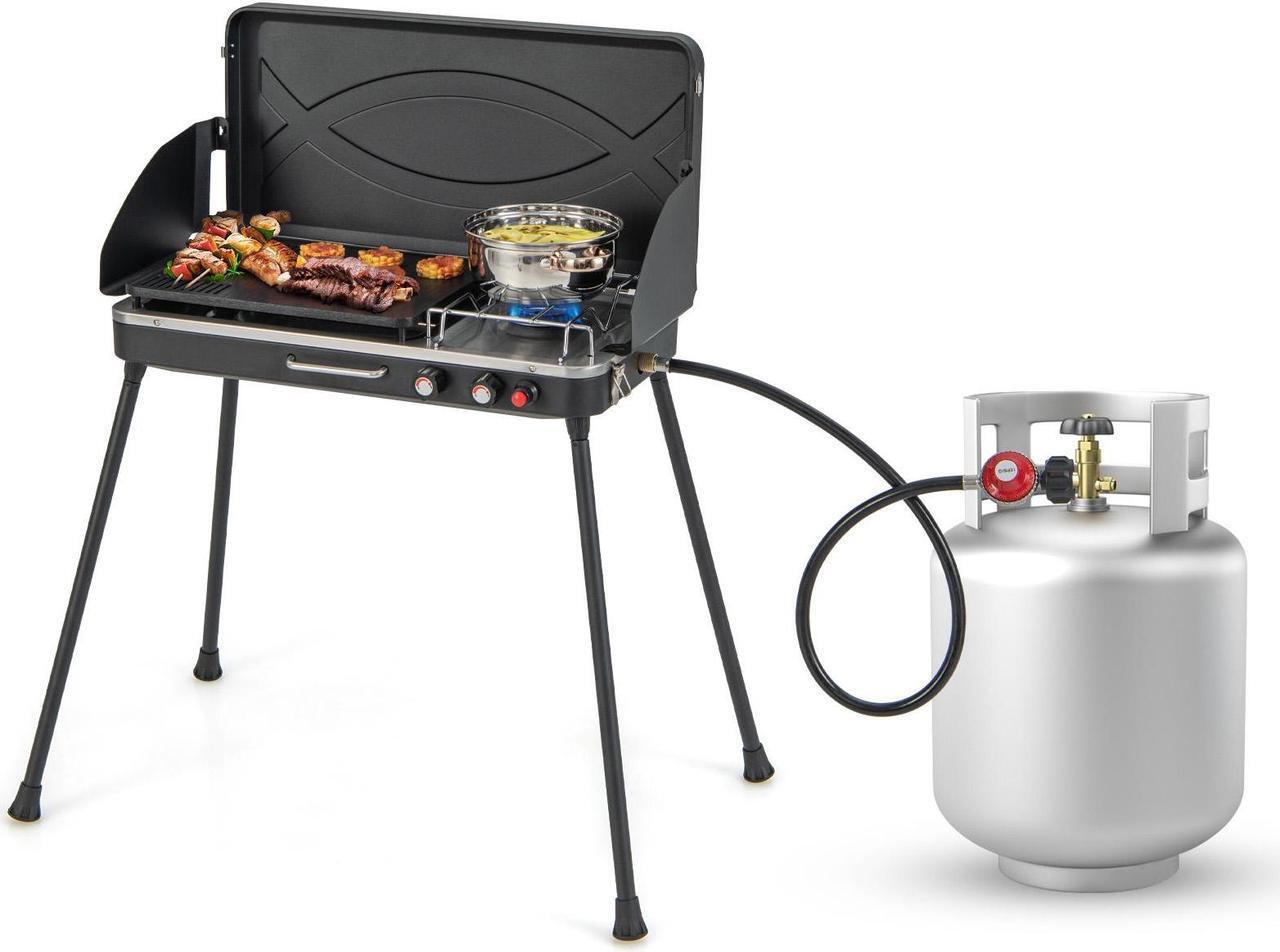 Alt view image 2 of 7 - 2-in-1 Gas Camping Grill and Stove with Detachable Legs-Black