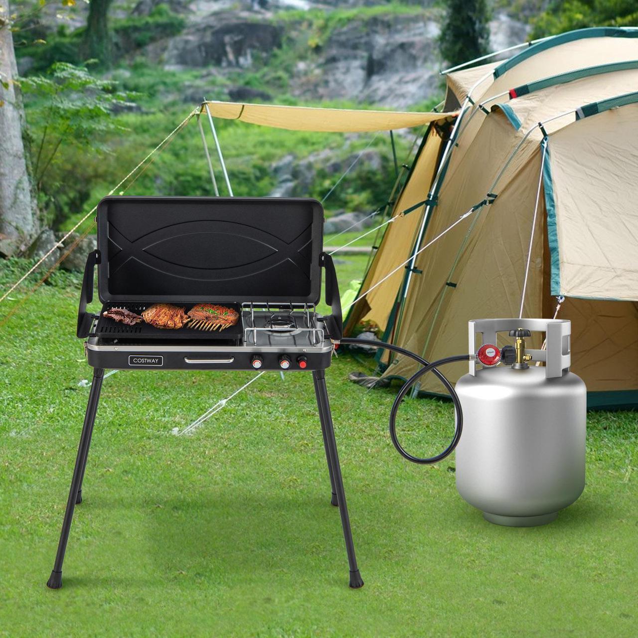 Alt view image 3 of 7 - 2-in-1 Gas Camping Grill and Stove with Detachable Legs-Black