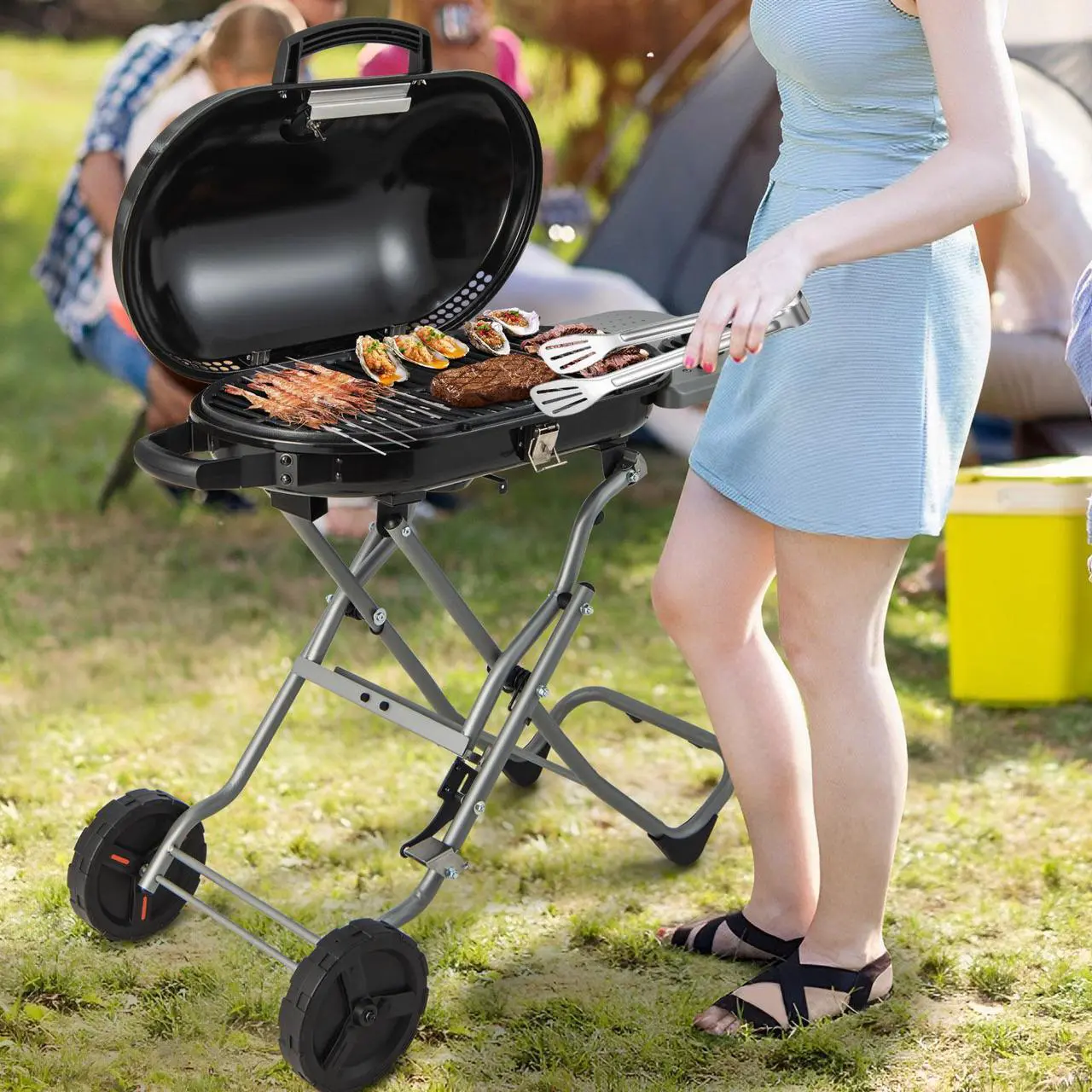 Alt view image 4 of 7 - 15000 BTU Portable Propane BBQ Grill with Wheels and Side Shelf-Black