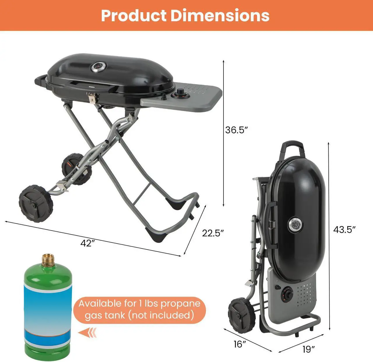 Alt view image 5 of 7 - 15000 BTU Portable Propane BBQ Grill with Wheels and Side Shelf-Black