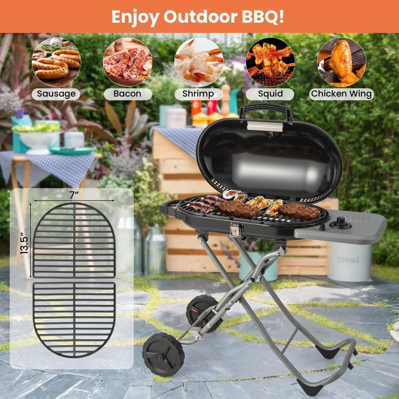 Alt view image 7 of 7 - 15000 BTU Portable Propane BBQ Grill with Wheels and Side Shelf-Black